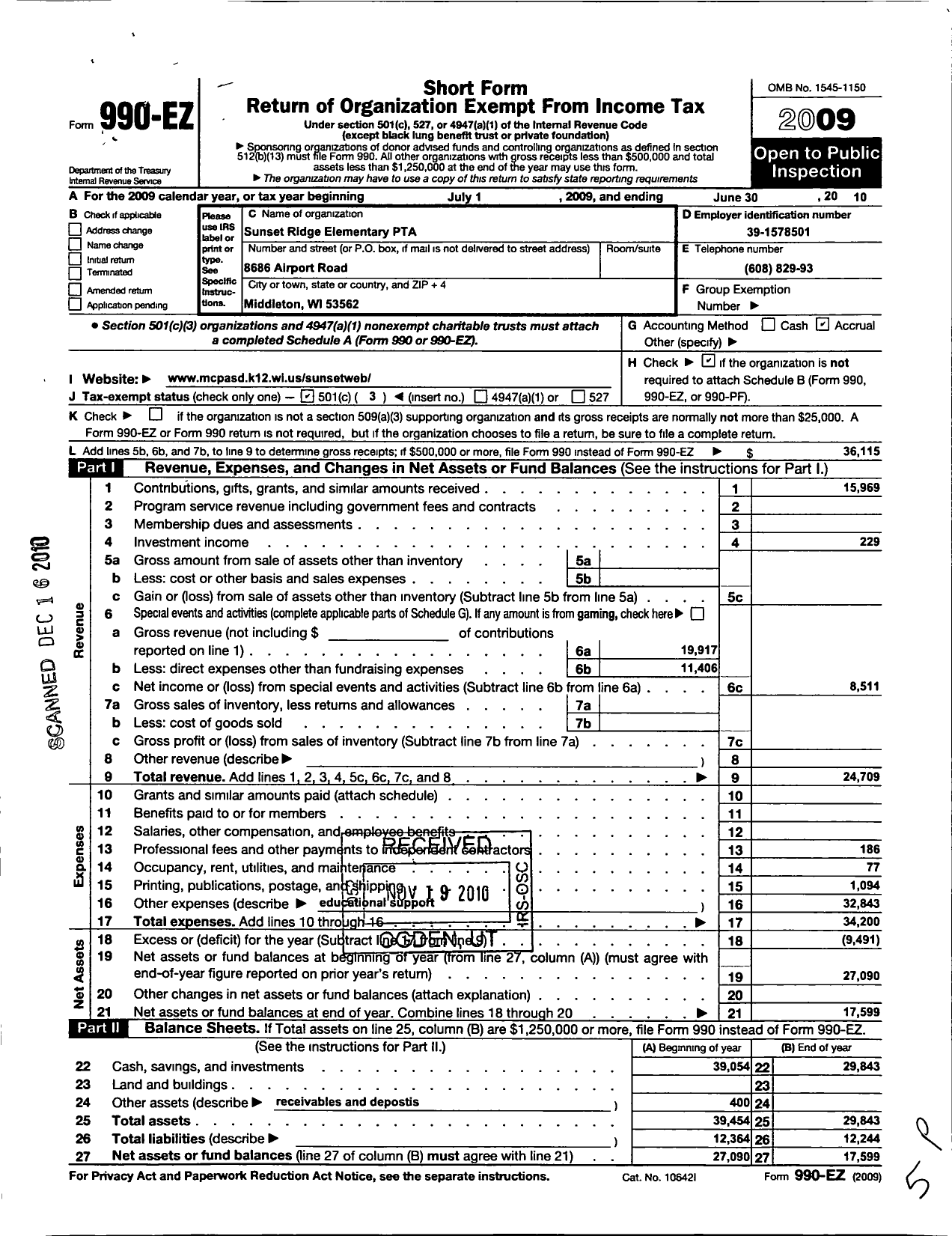 Image of first page of 2009 Form 990EZ for PTA Wisconsin Congress / Sunset Ridge PTA