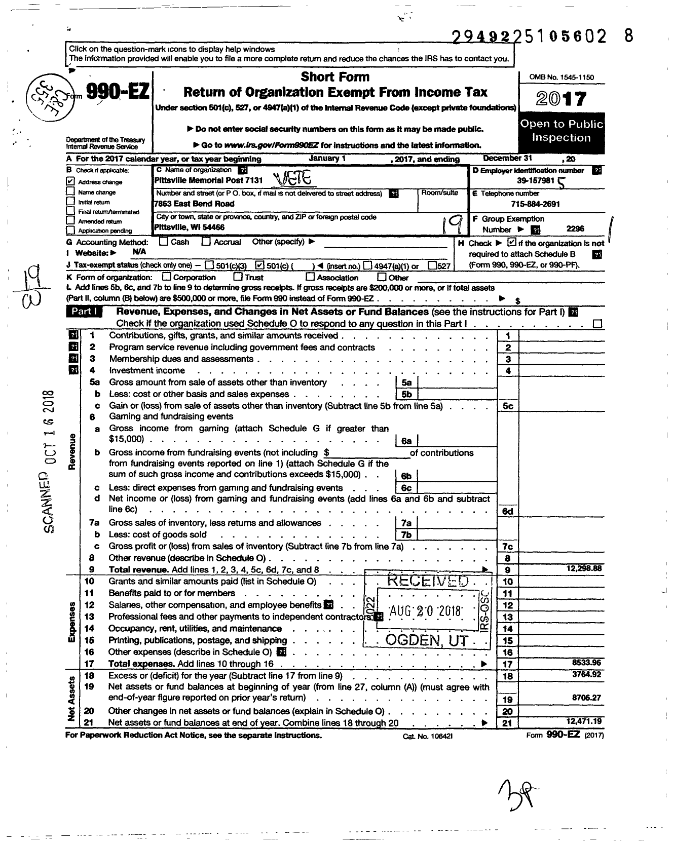 Image of first page of 2017 Form 990EO for VFW Wi - 7131 Pittsville Memorial