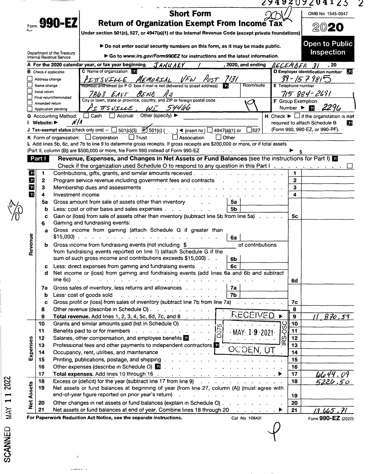 Image of first page of 2020 Form 990EO for VFW Wi - 7131 Pittsville Memorial