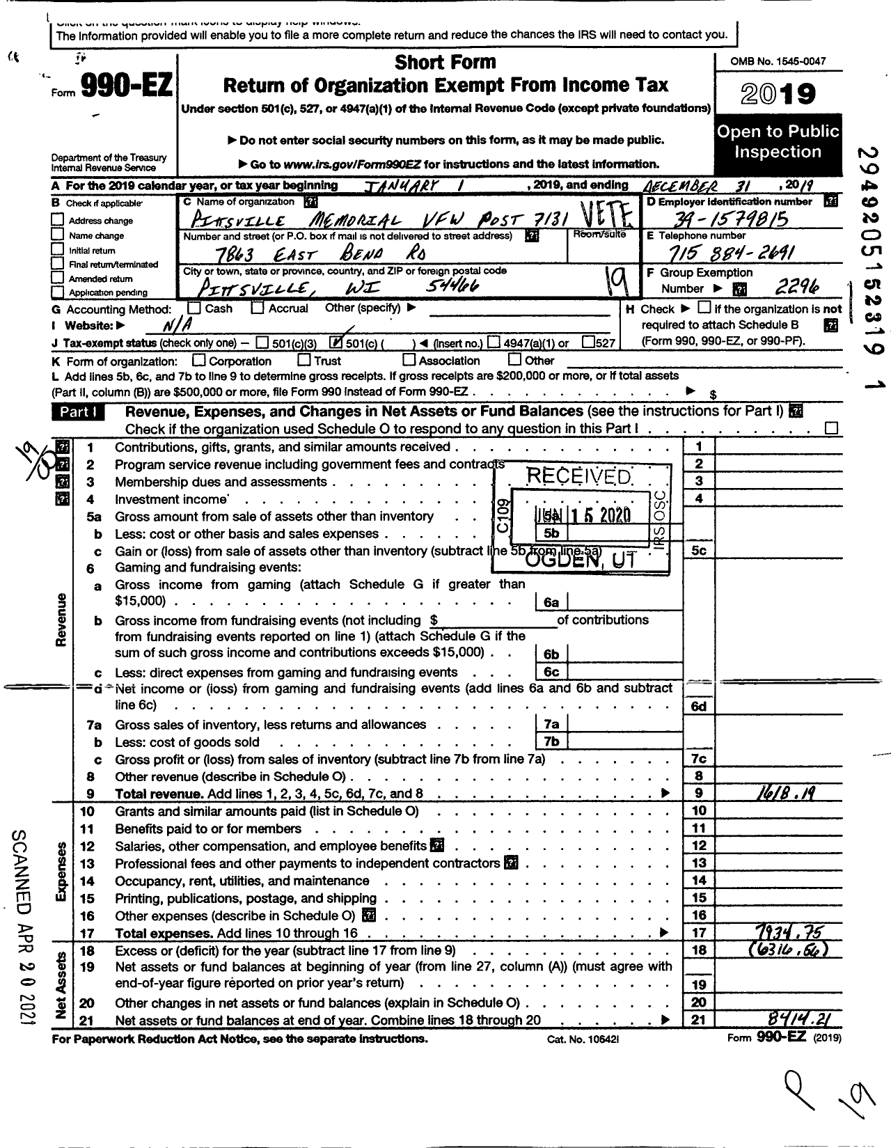 Image of first page of 2019 Form 990EO for VFW Wi - 7131 Pittsville Memorial