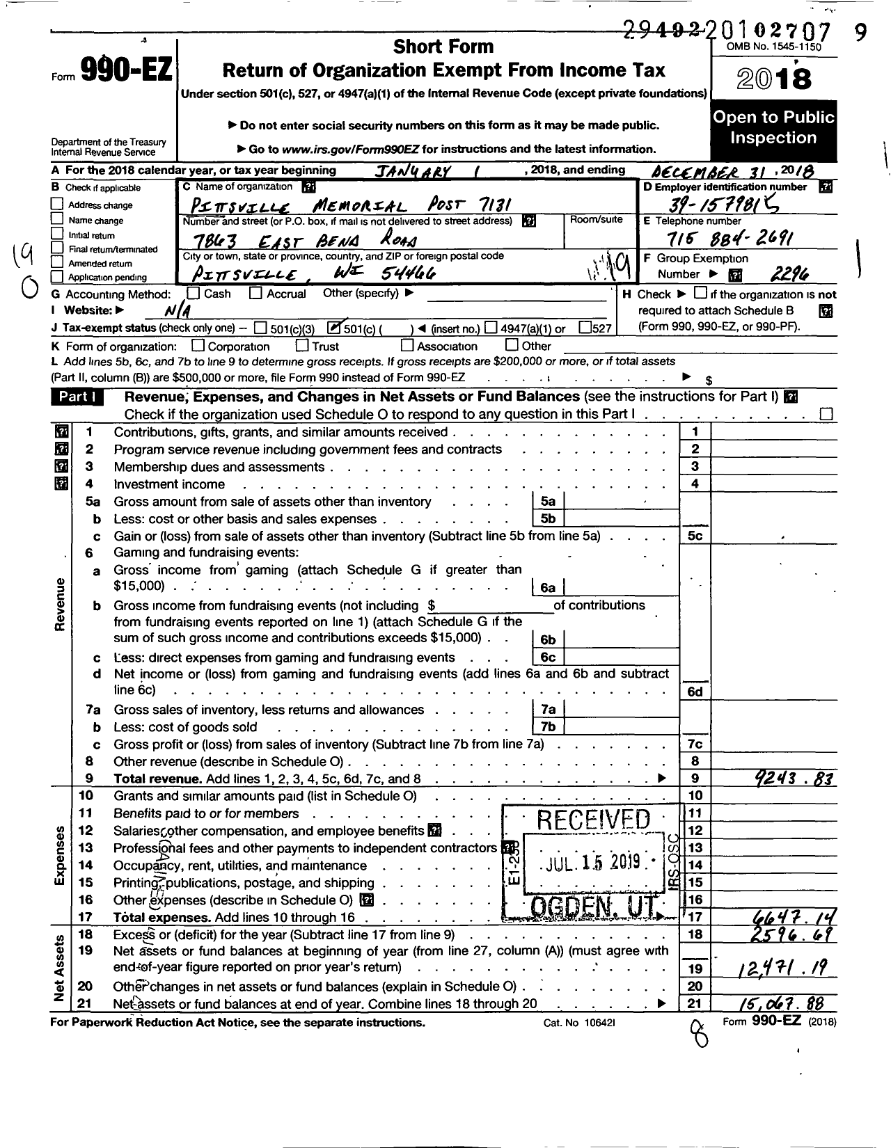 Image of first page of 2018 Form 990EO for VFW Wi - 7131 Pittsville Memorial