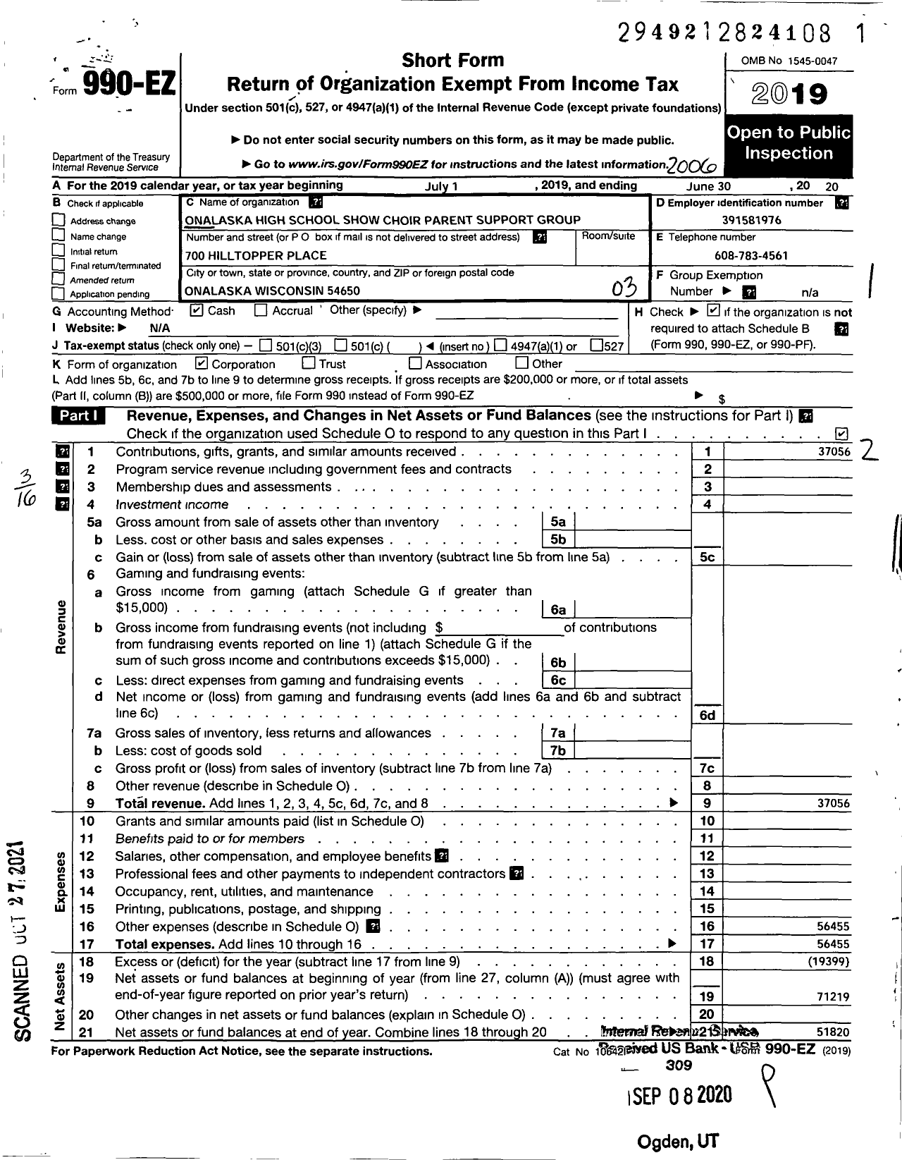 Image of first page of 2019 Form 990EZ for Onalaska High School Show Choir Parent Support Group