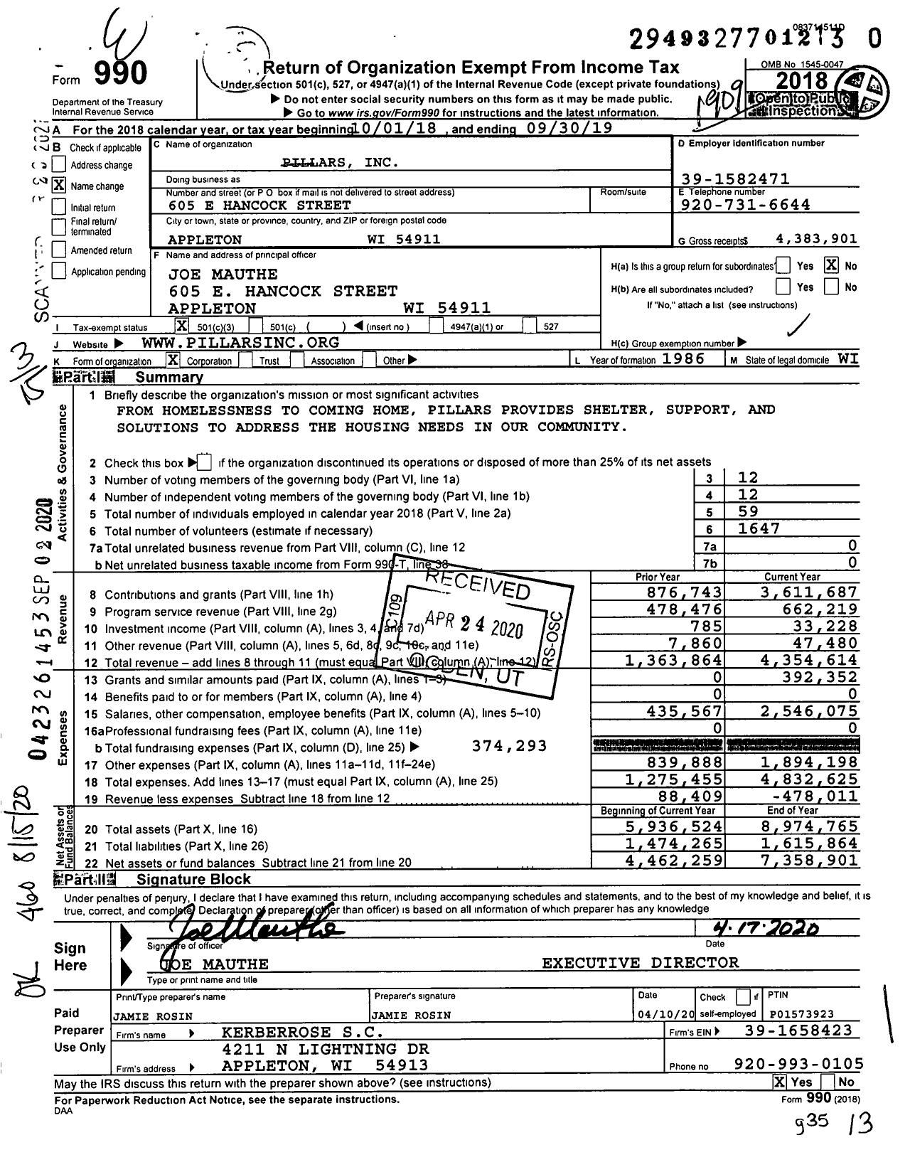 Image of first page of 2018 Form 990 for Pillars