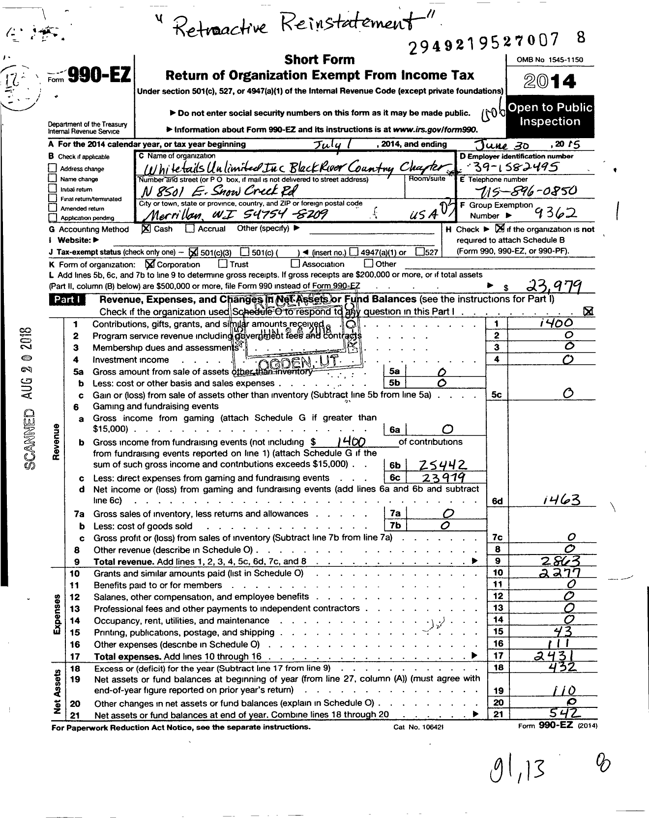 Image of first page of 2014 Form 990EZ for Whitetails Unlimited / Black River Country Chapter