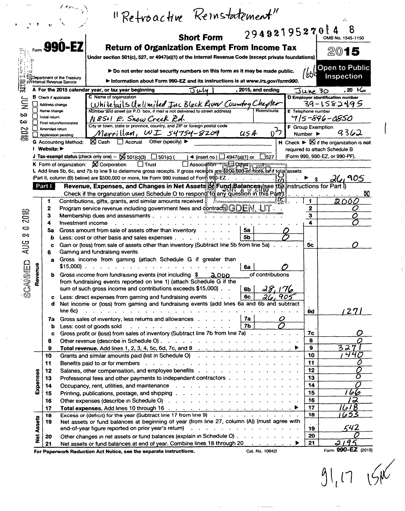 Image of first page of 2015 Form 990EZ for Whitetails Unlimited / Black River Country Chapter