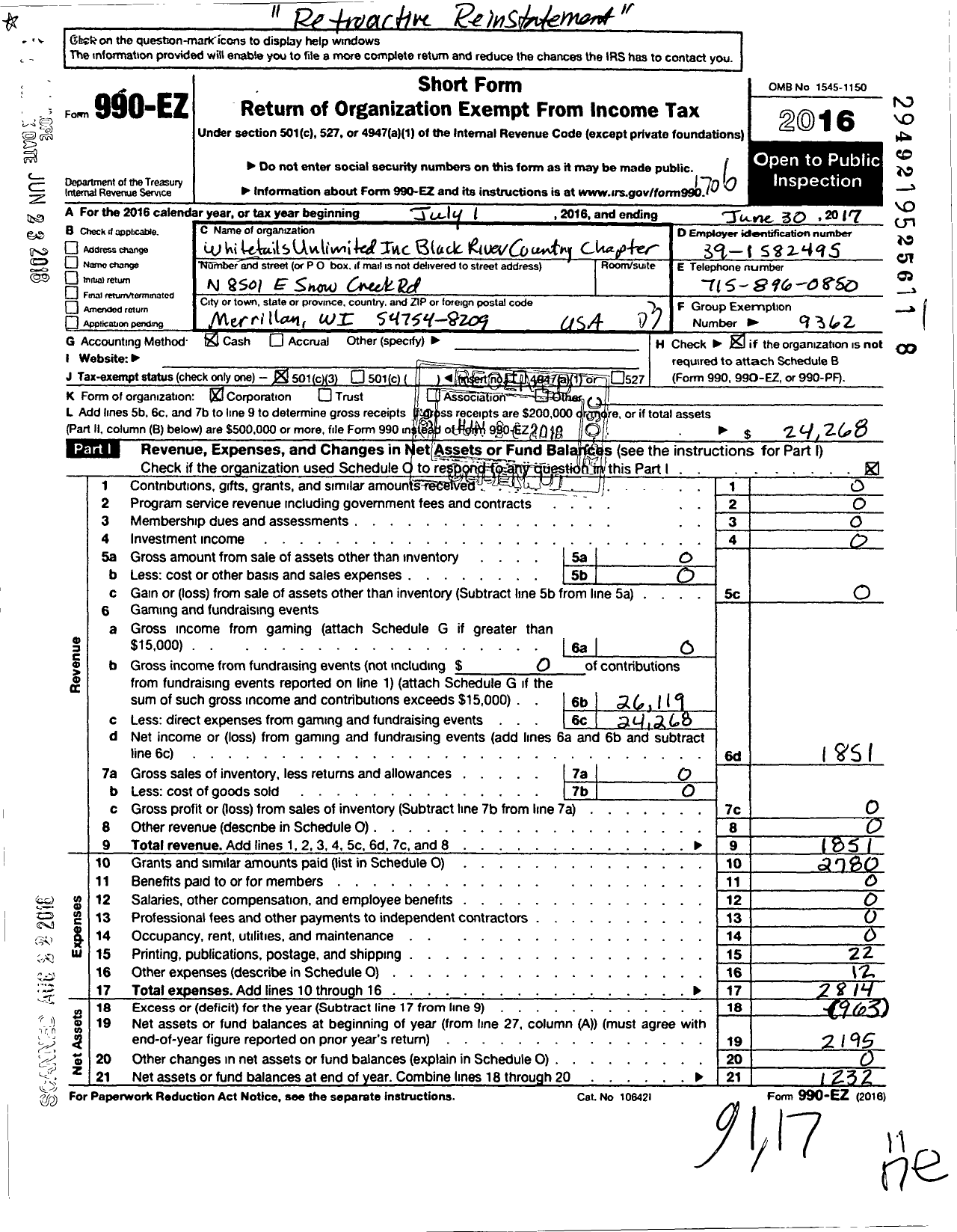 Image of first page of 2016 Form 990EZ for Whitetails Unlimited / Black River Country Chapter