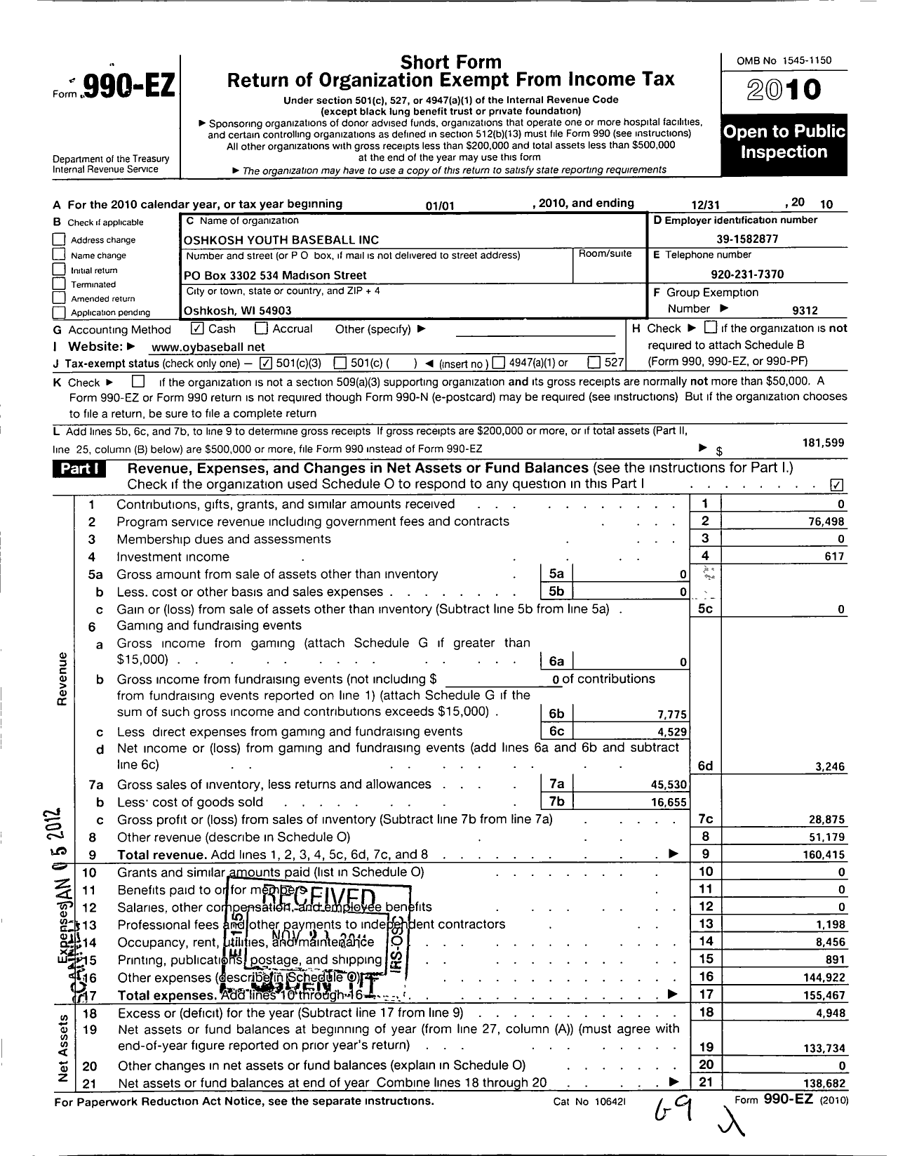 Image of first page of 2010 Form 990EZ for Oshkosh Youth Baseball