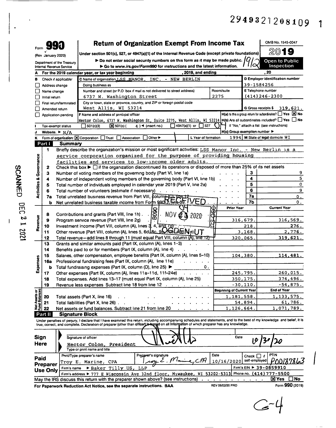 Image of first page of 2019 Form 990O for LSS Manor - New Berlin