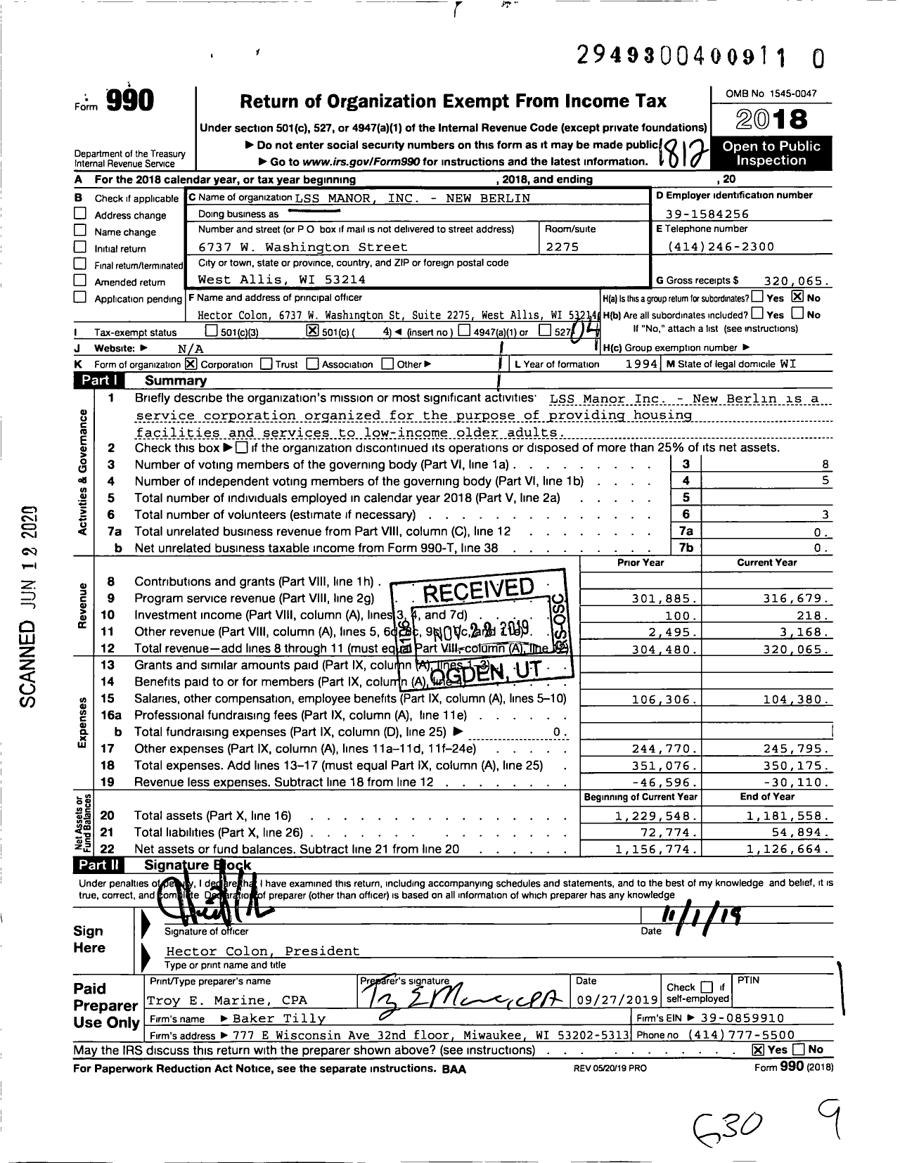 Image of first page of 2018 Form 990O for LSS Manor - New Berlin