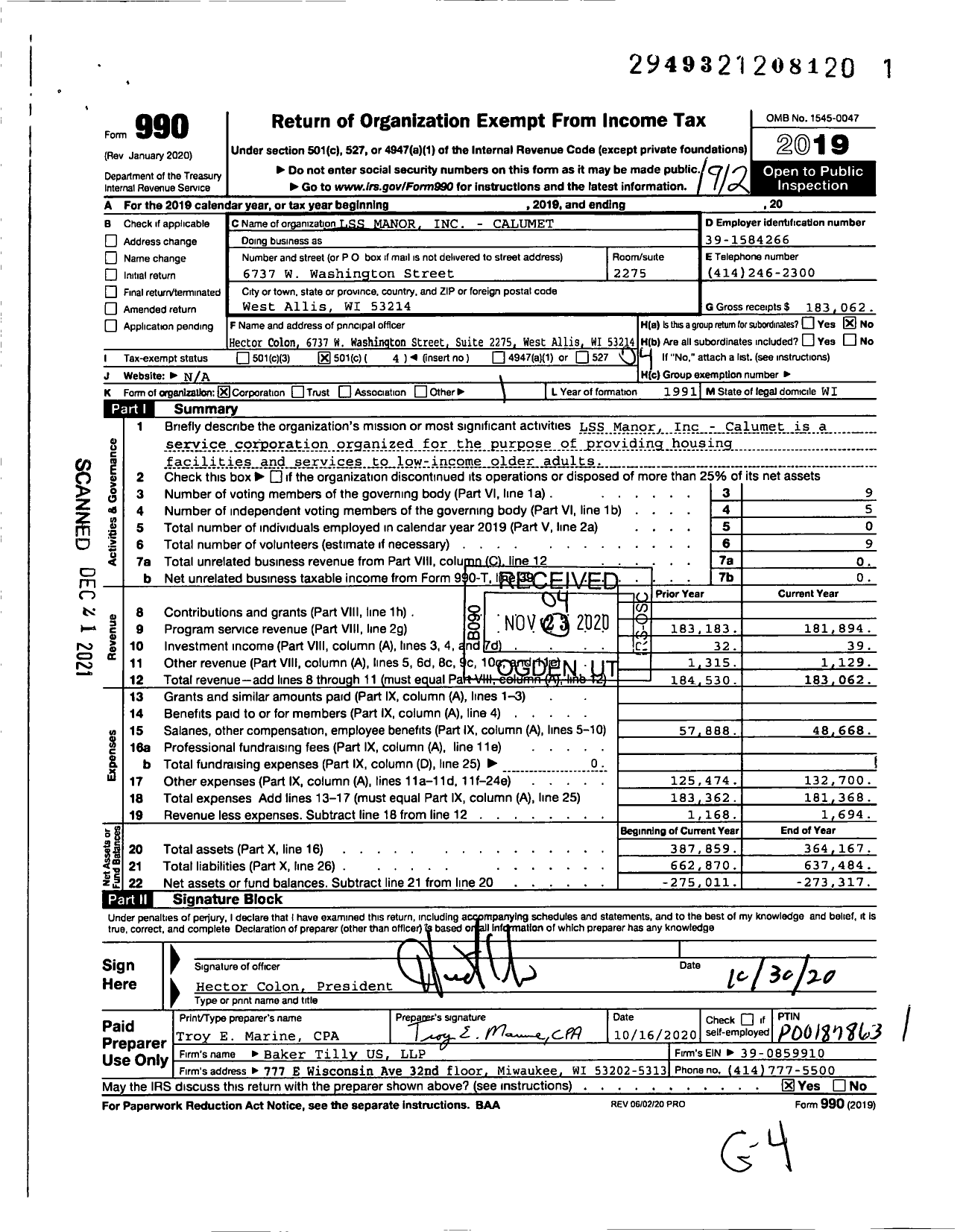 Image of first page of 2019 Form 990O for LSS Manor - Calumet