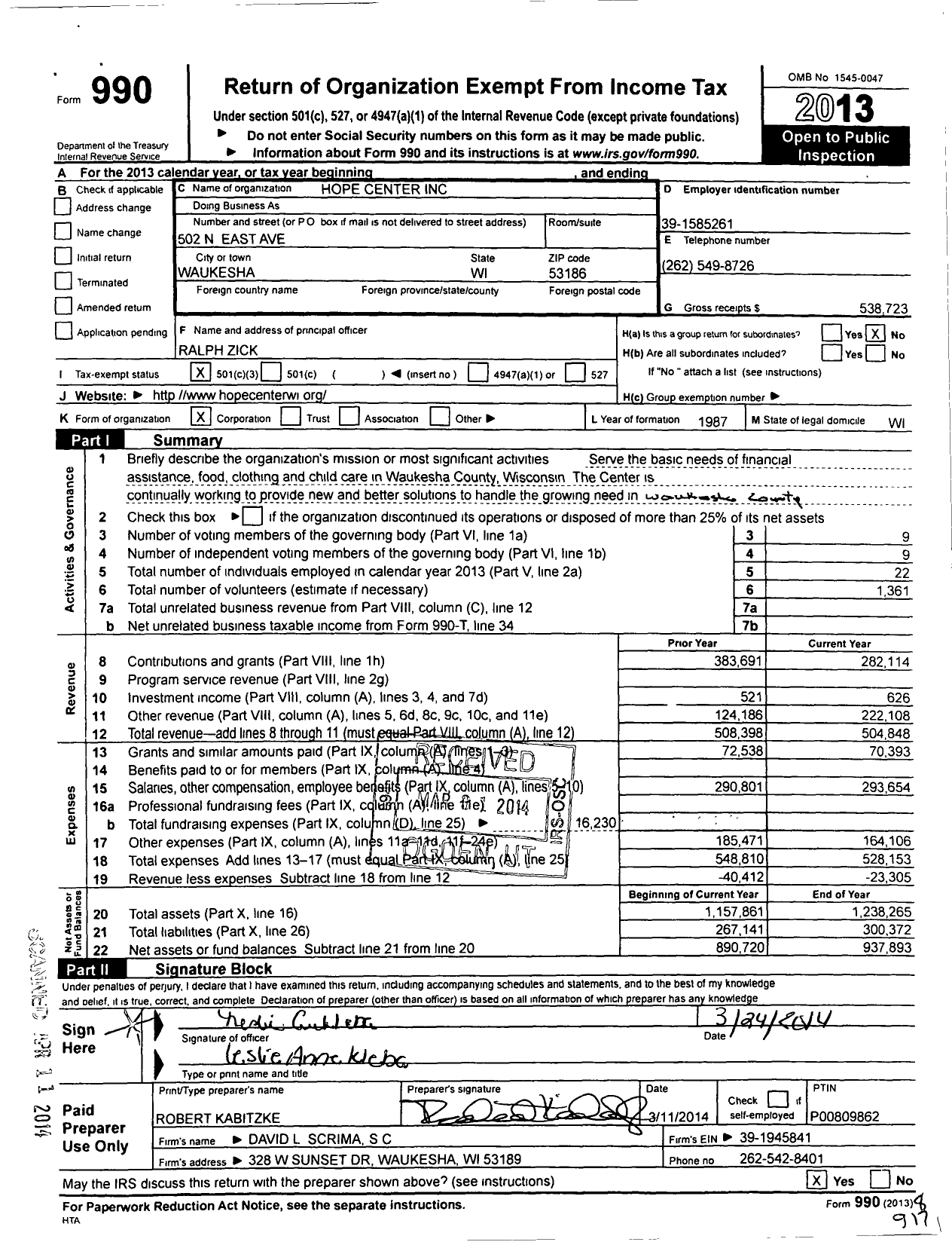 Image of first page of 2103 Form 990 for Hope Center