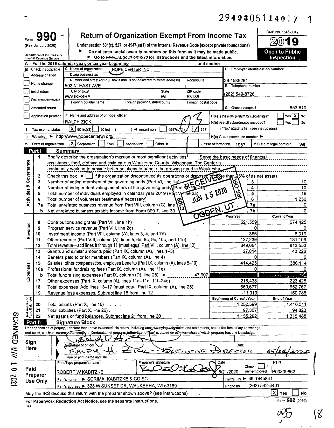Image of first page of 2019 Form 990 for Hope Center