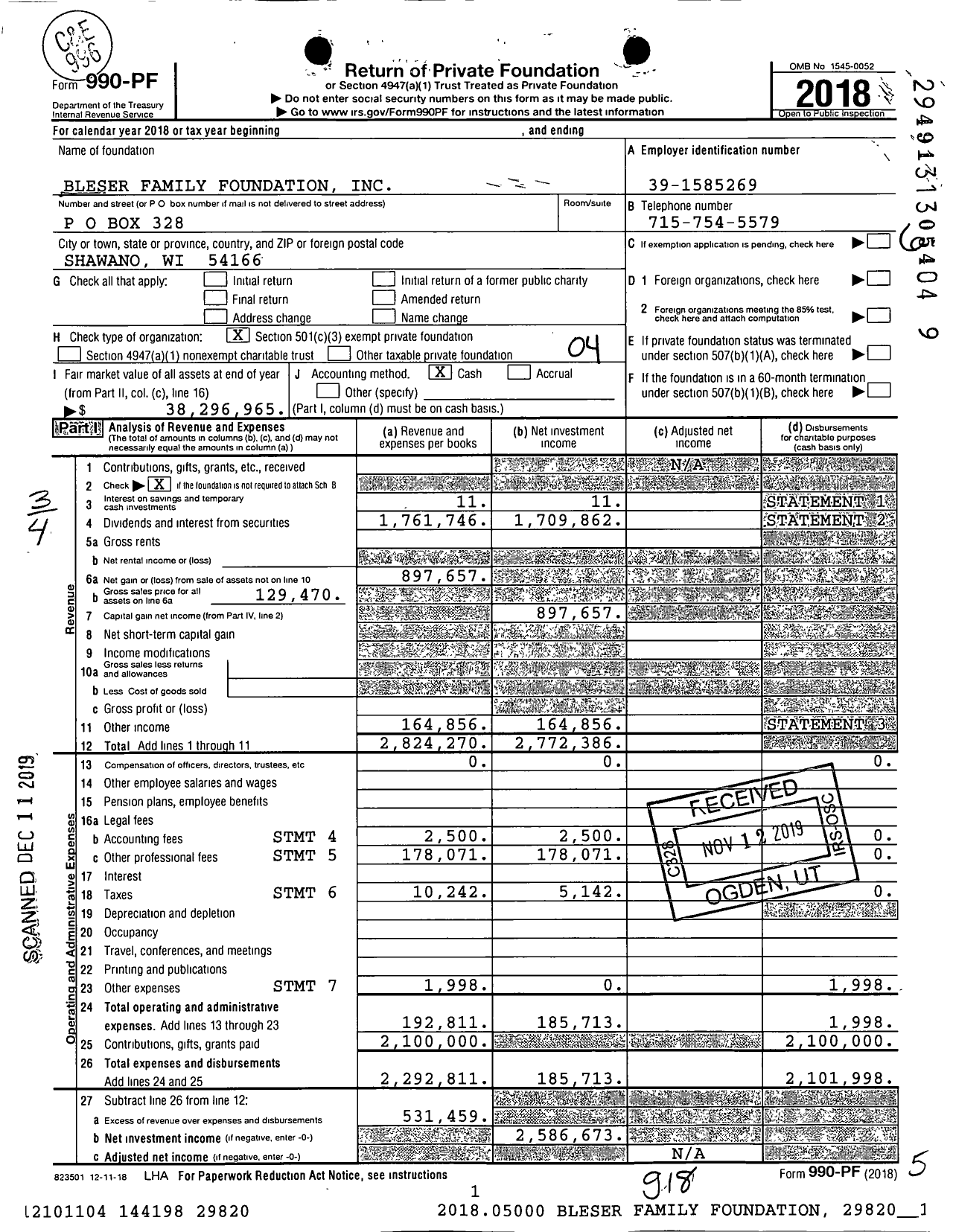 Image of first page of 2018 Form 990PF for Bleser Family Foundation