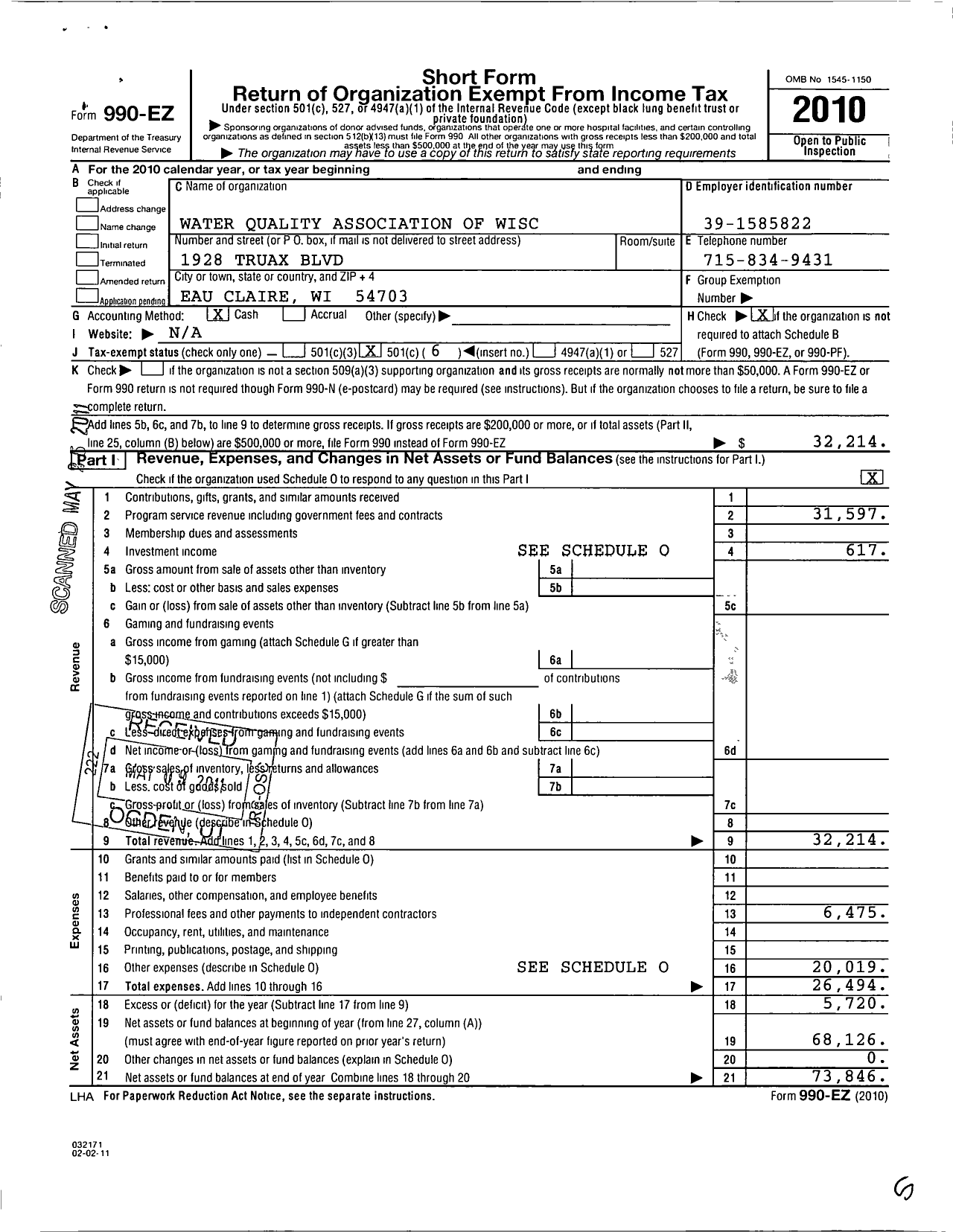 Image of first page of 2010 Form 990EO for Water Quality Association of Wisconsin