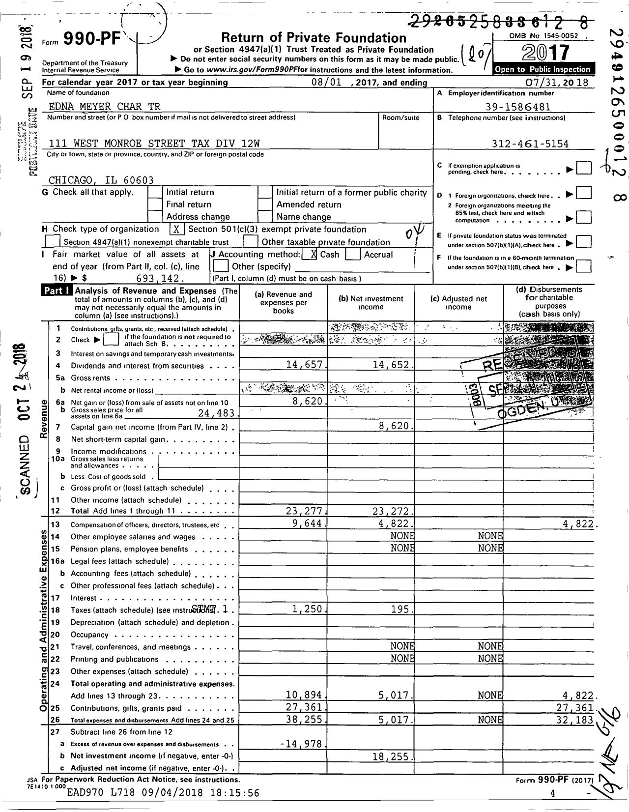Image of first page of 2017 Form 990PF for Edna Meyer Charitable Trust