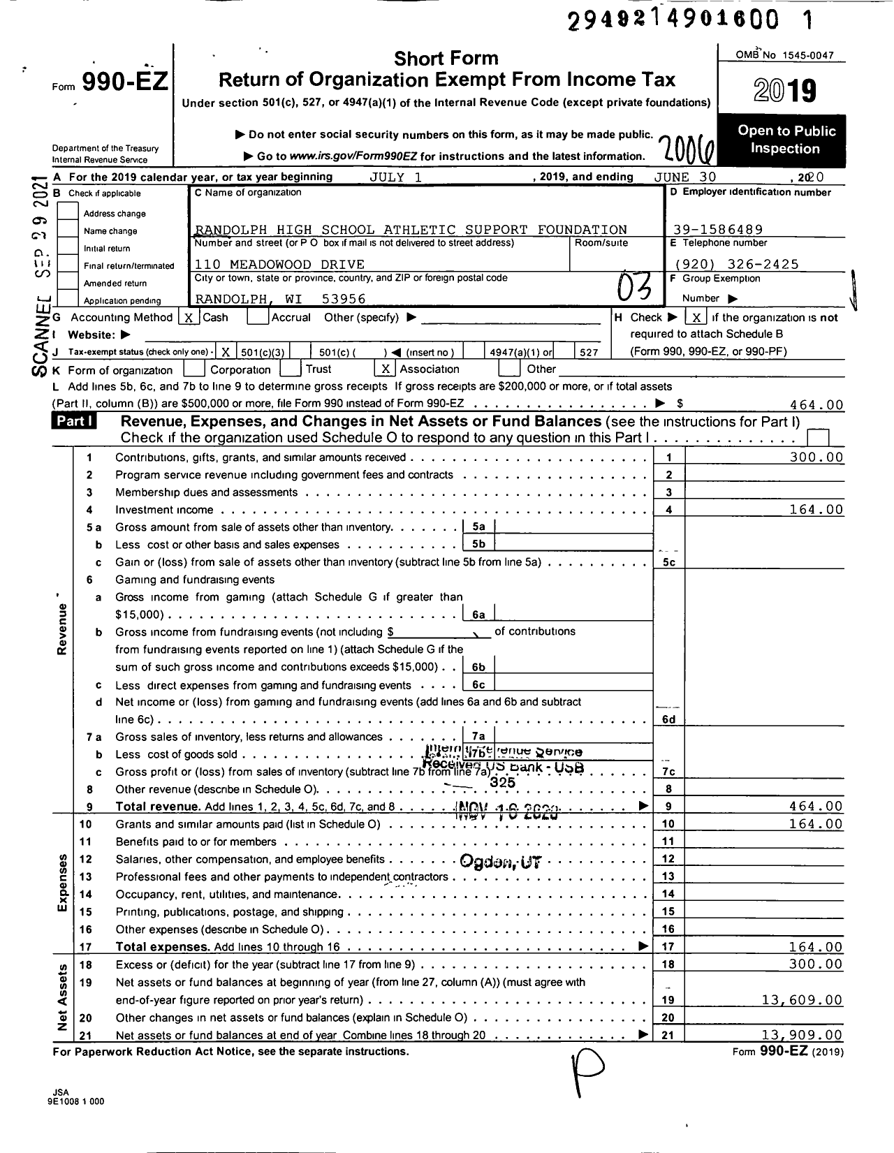 Image of first page of 2019 Form 990EZ for Randolph High School Athletic Support Foundation