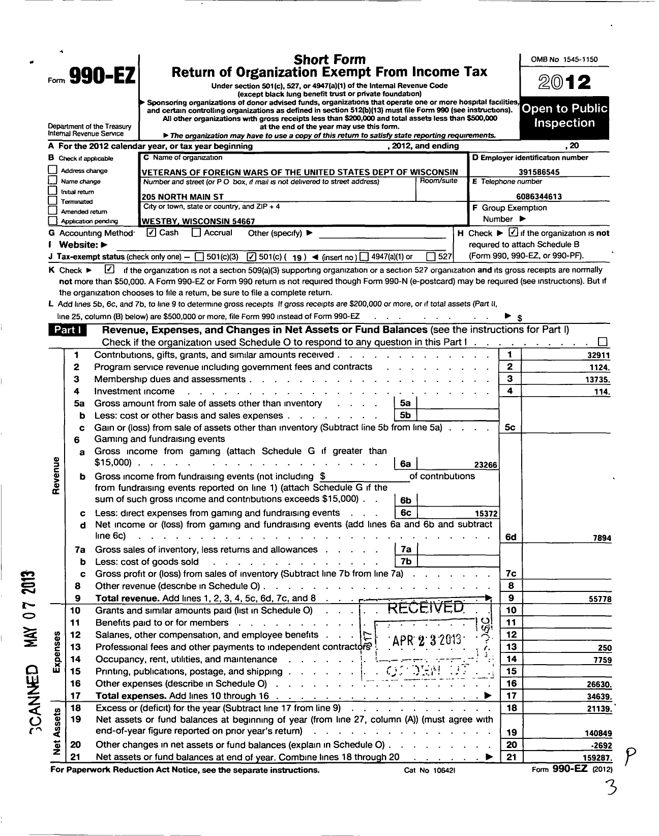 Image of first page of 2012 Form 990EO for VFW Wi - 8021 Westby Post