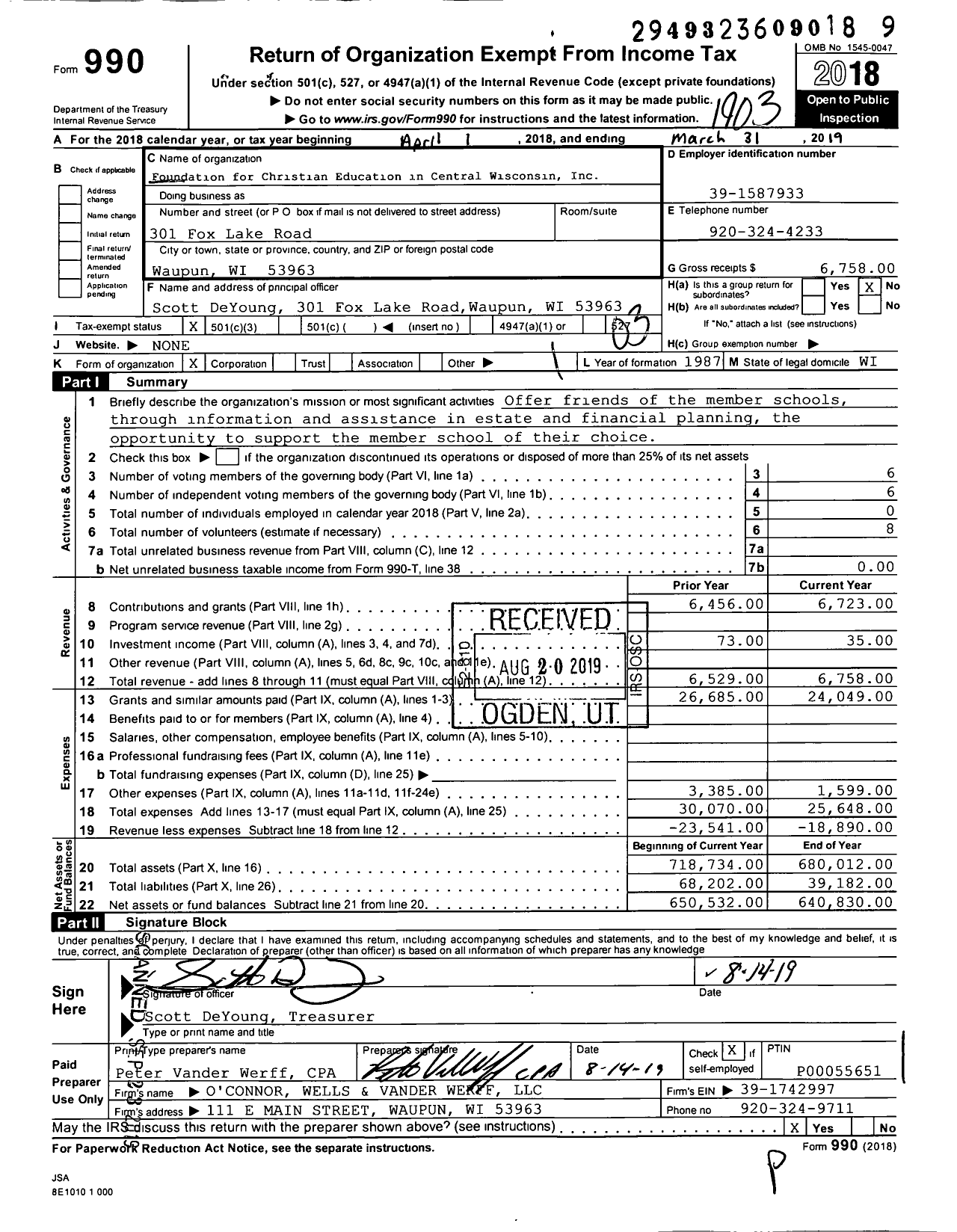 Image of first page of 2018 Form 990 for Foundation for Christian Education in Central Wisconsin