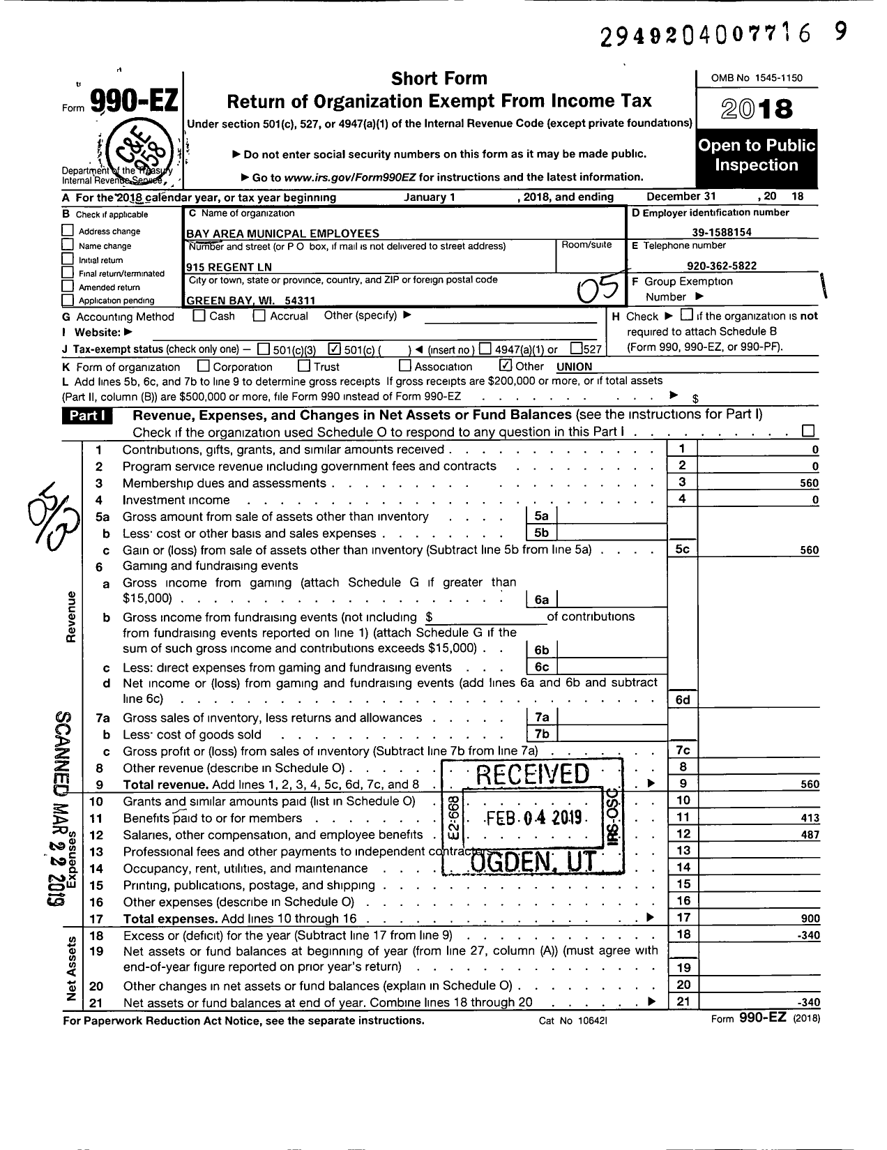 Image of first page of 2018 Form 990EO for American Federation of State County & Municipal Employees - L1889wi Bay Area Munic Emp Union