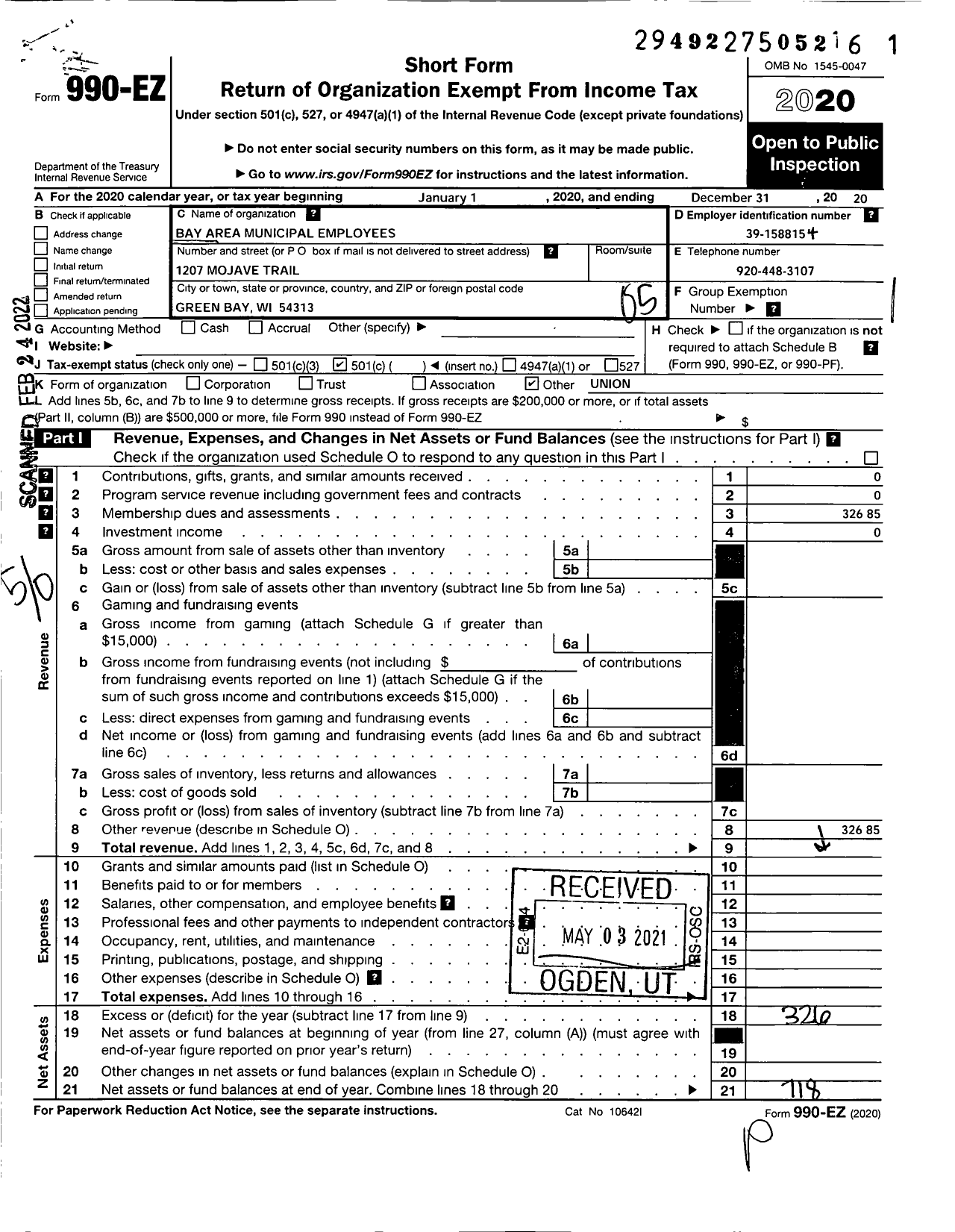 Image of first page of 2020 Form 990EO for American Federation of State County & Municipal Employees - L1889wi Bay Area Munic Emp Union