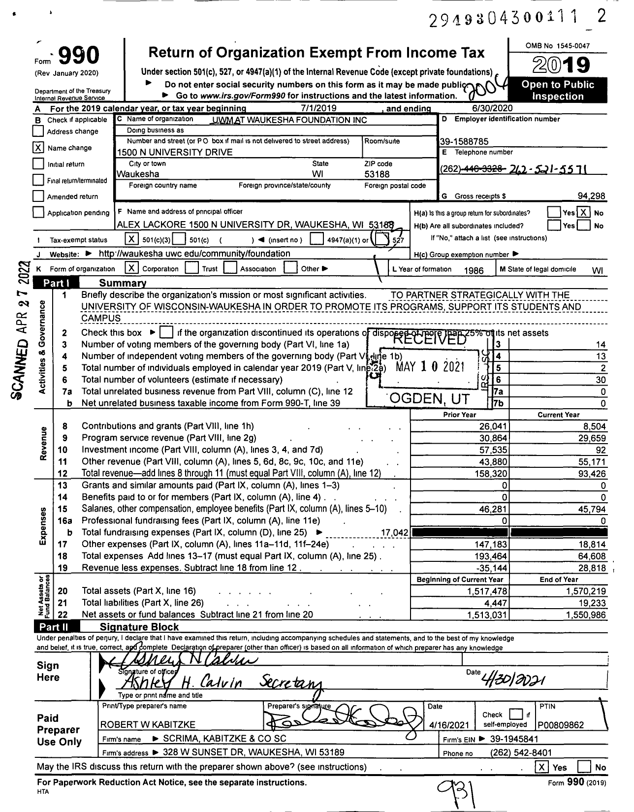 Image of first page of 2019 Form 990 for Uwm at Waukesha Foundation