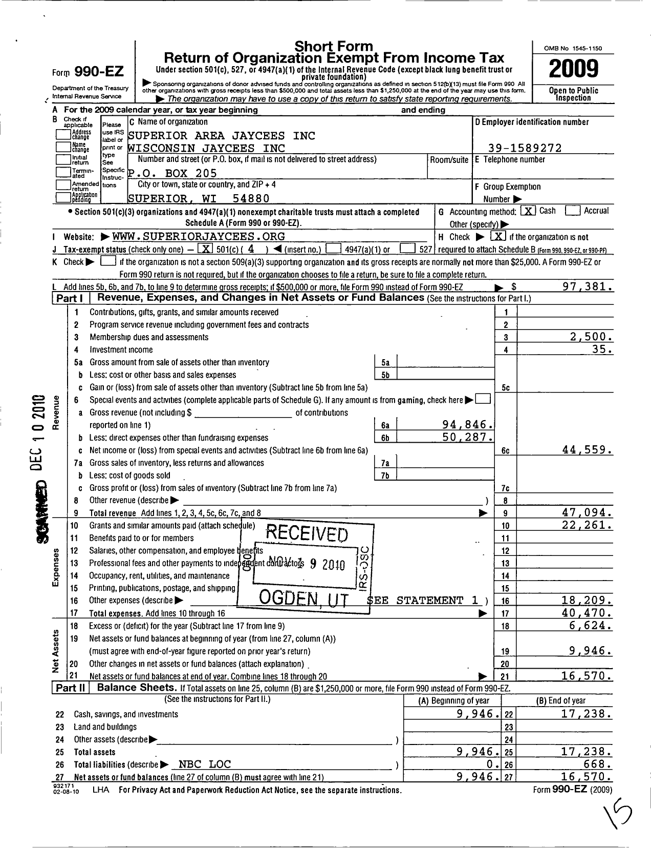 Image of first page of 2009 Form 990EO for United States Junior Chamber of Commerce / Wi Superior