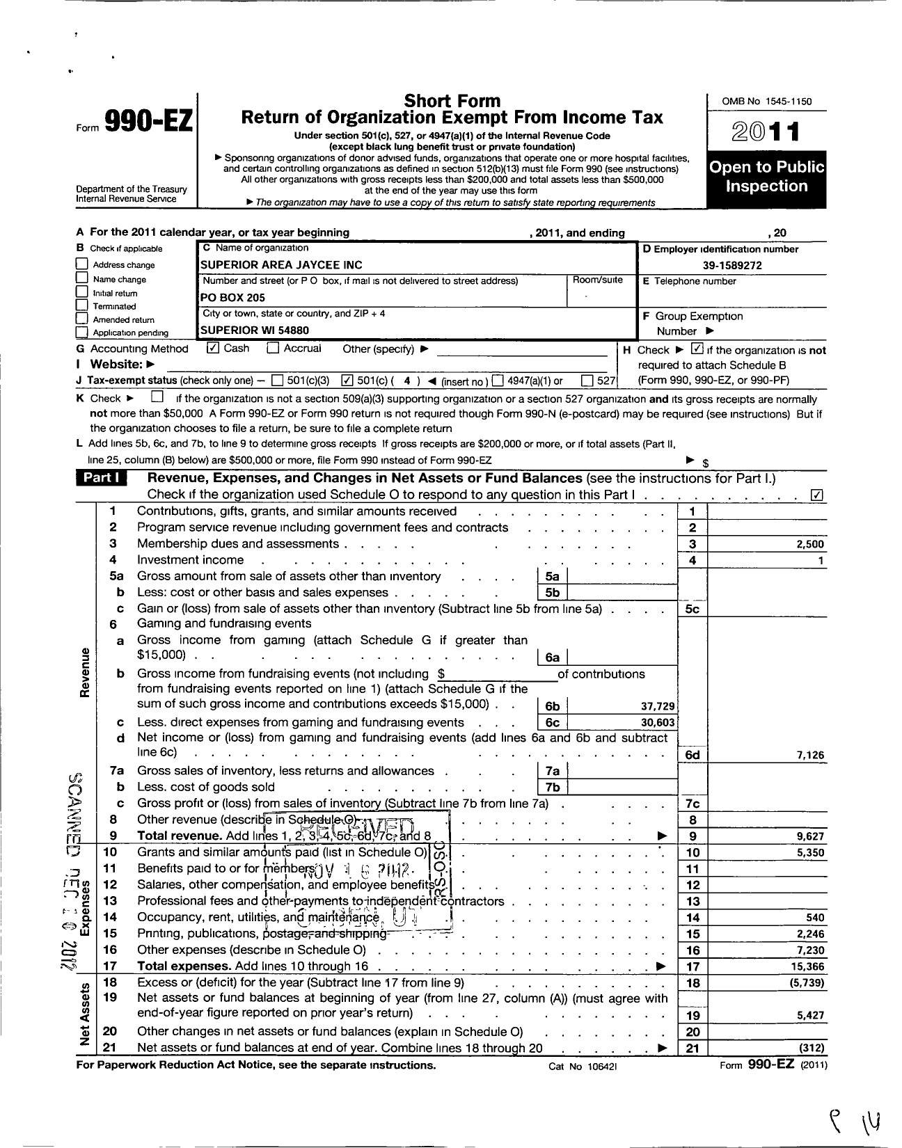 Image of first page of 2011 Form 990EO for United States Junior Chamber of Commerce / Wi Superior