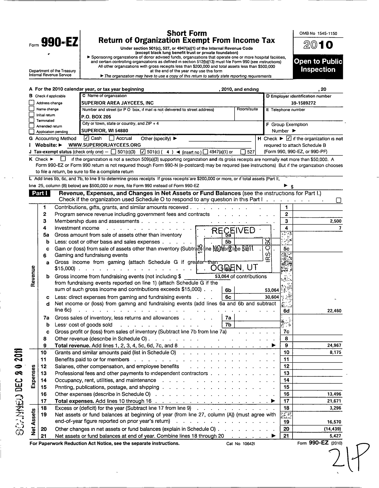 Image of first page of 2010 Form 990EO for United States Junior Chamber of Commerce / Wi Superior