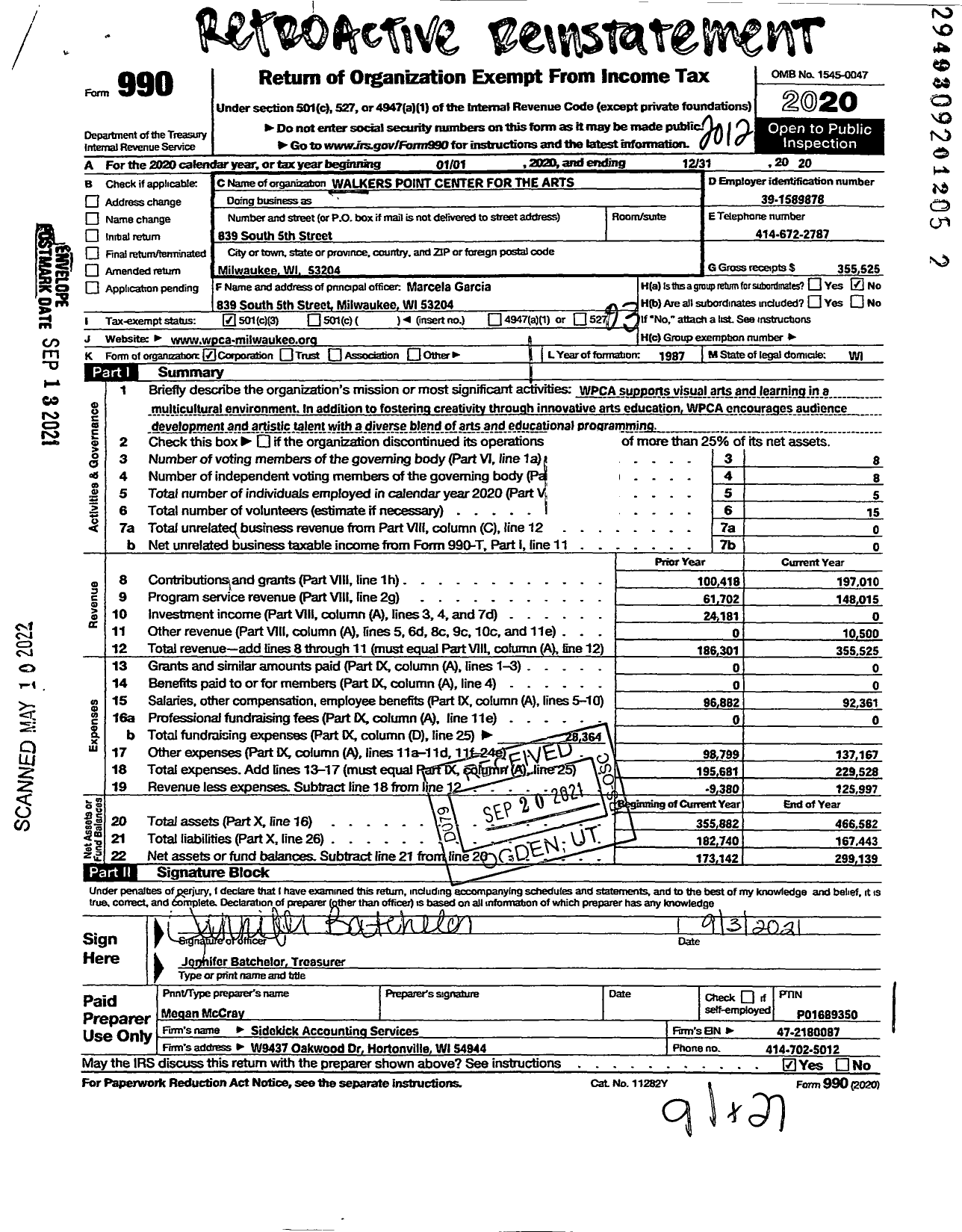 Image of first page of 2020 Form 990 for Walker's Pointe Center for the Arts Walker's Pointe Center for the Arts