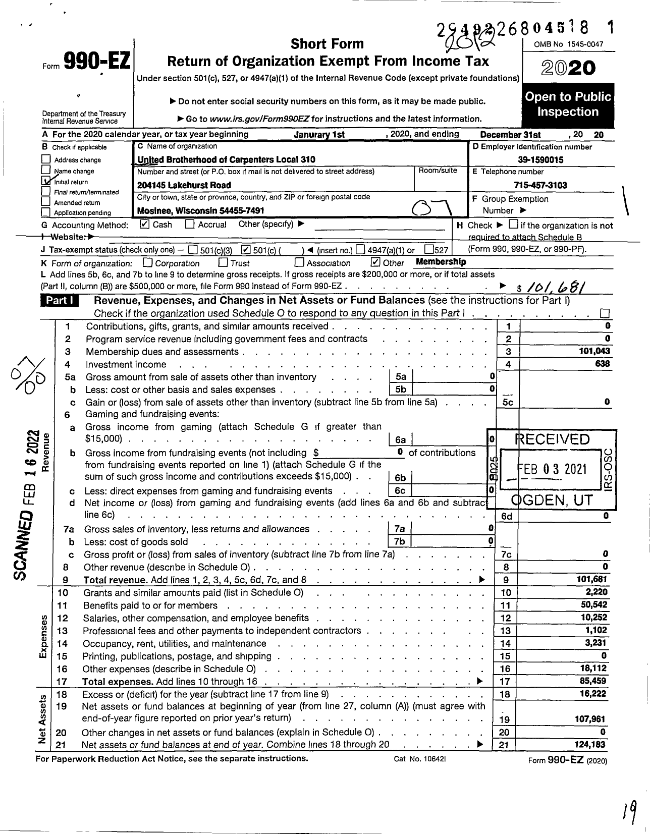 Image of first page of 2020 Form 990EO for United Brotherhood of Carpenters & Joiners - 310 BCJ