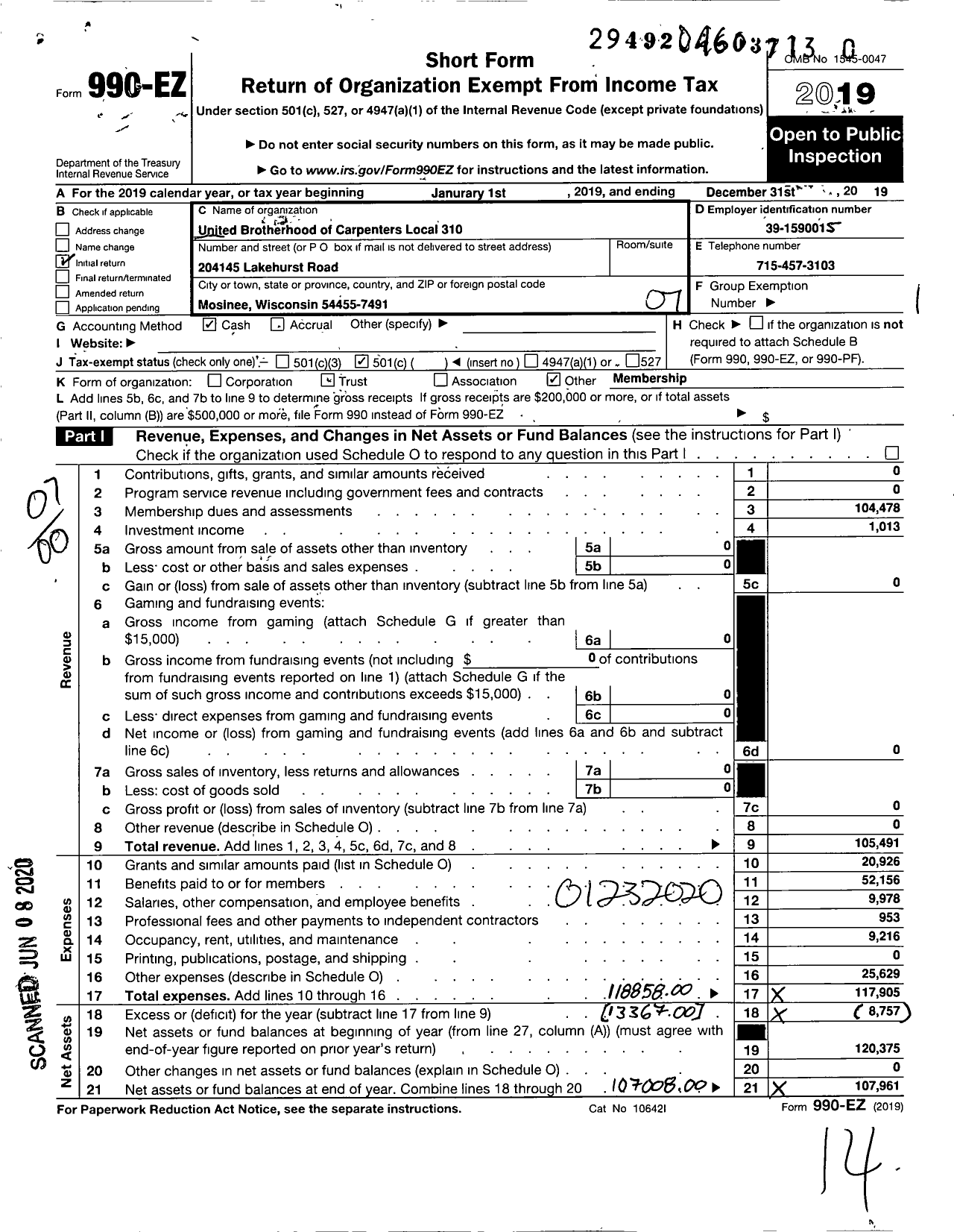 Image of first page of 2019 Form 990EO for United Brotherhood of Carpenters & Joiners - 310 BCJ