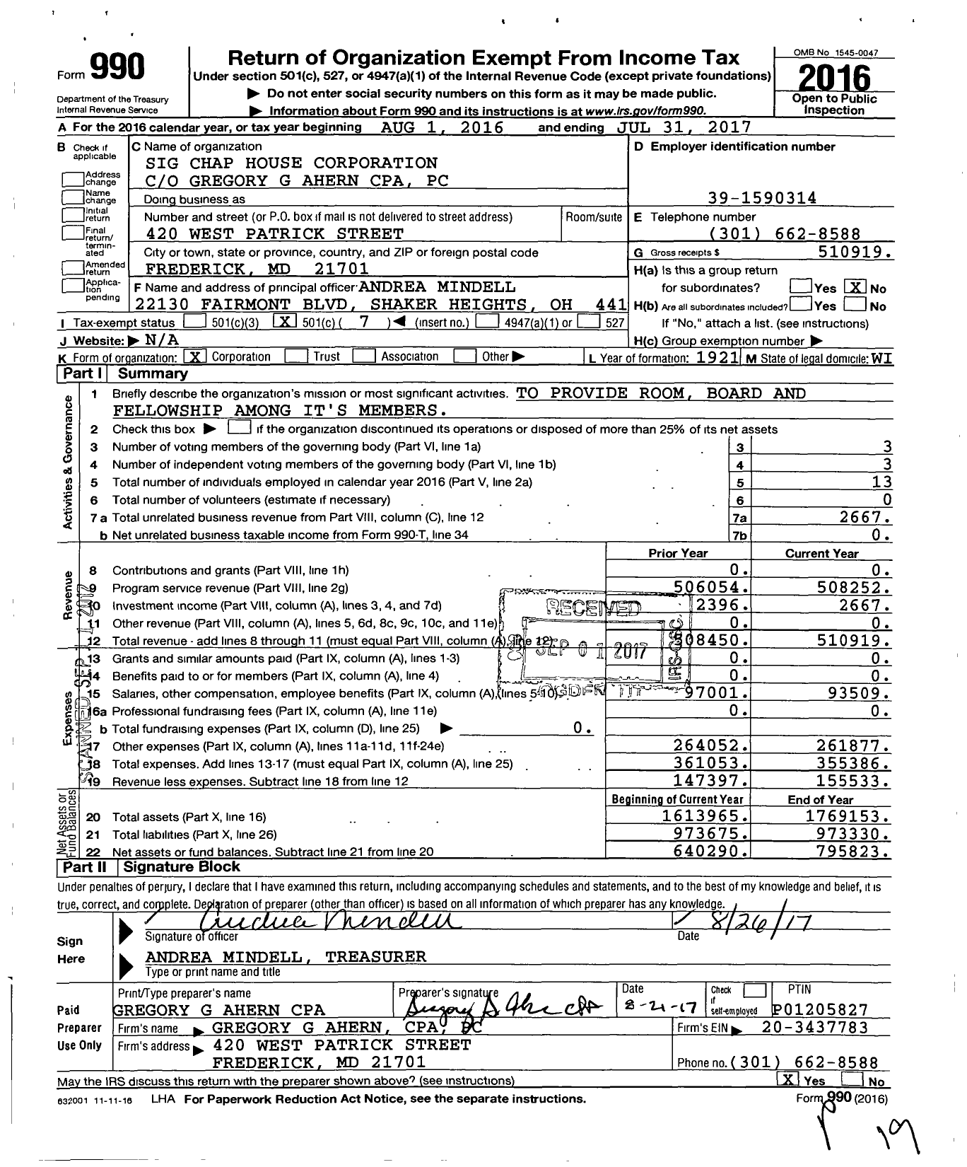 Image of first page of 2016 Form 990O for Sig Chap House Corporation