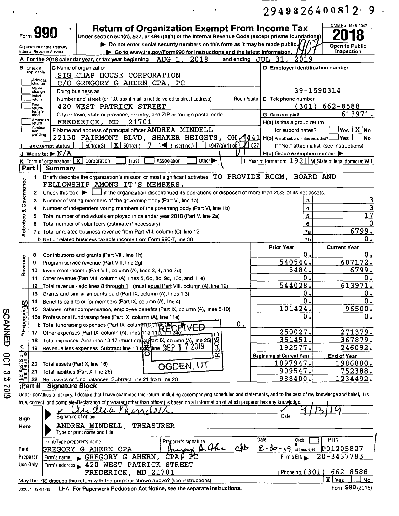 Image of first page of 2018 Form 990O for Sig Chap House Corporation