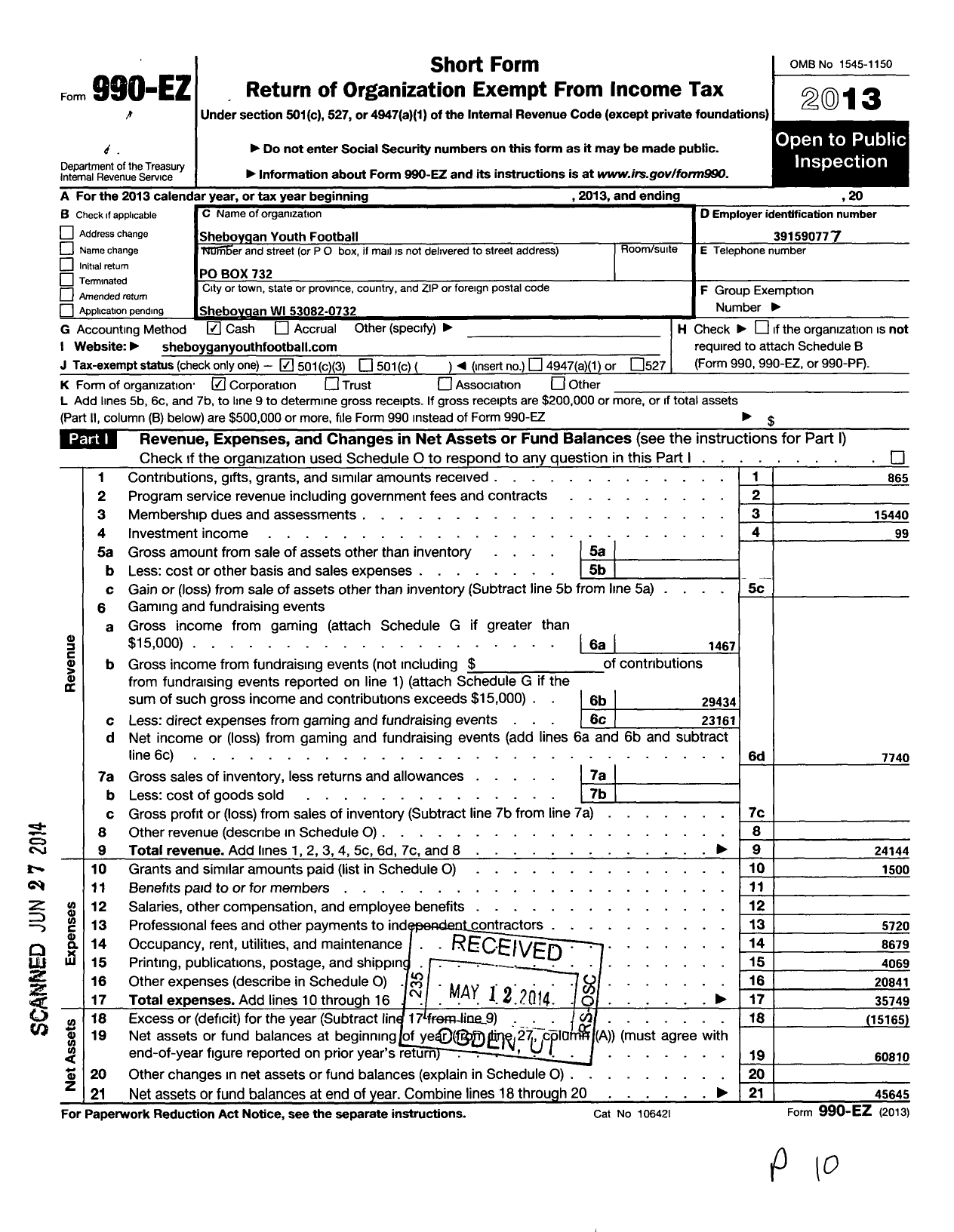 Image of first page of 2013 Form 990EZ for Sheboygan Youth Football