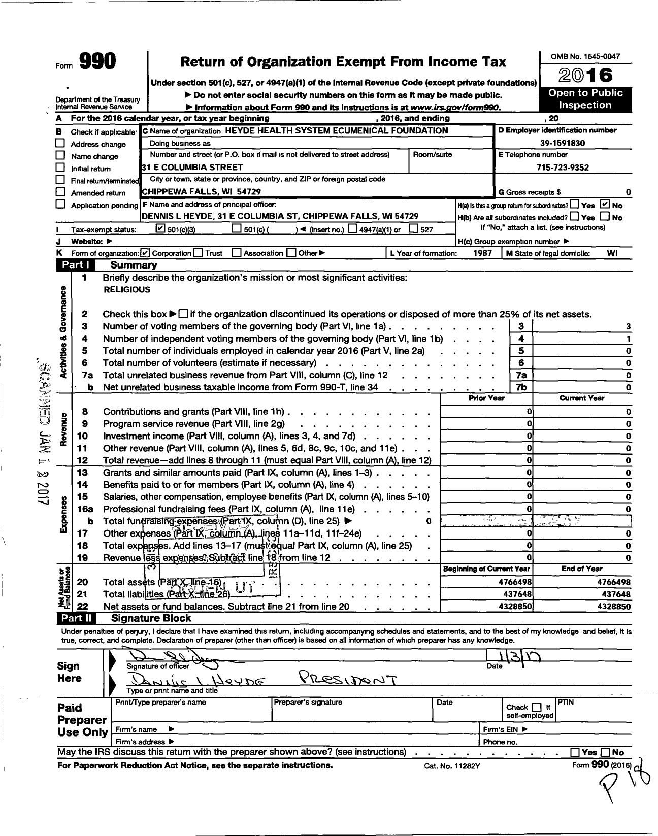 Image of first page of 2016 Form 990 for Heyde Health System Ecumenical Foundation