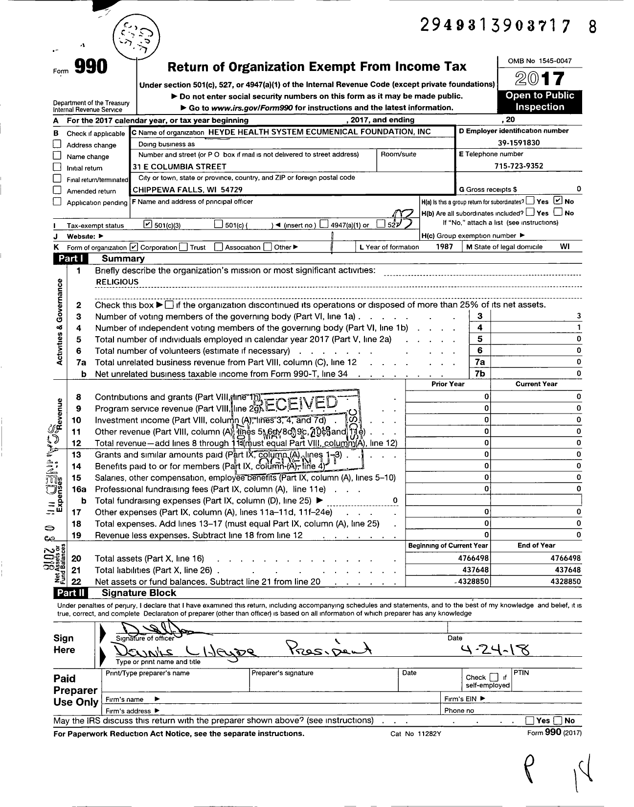 Image of first page of 2017 Form 990 for Heyde Health System Ecumenical Foundation