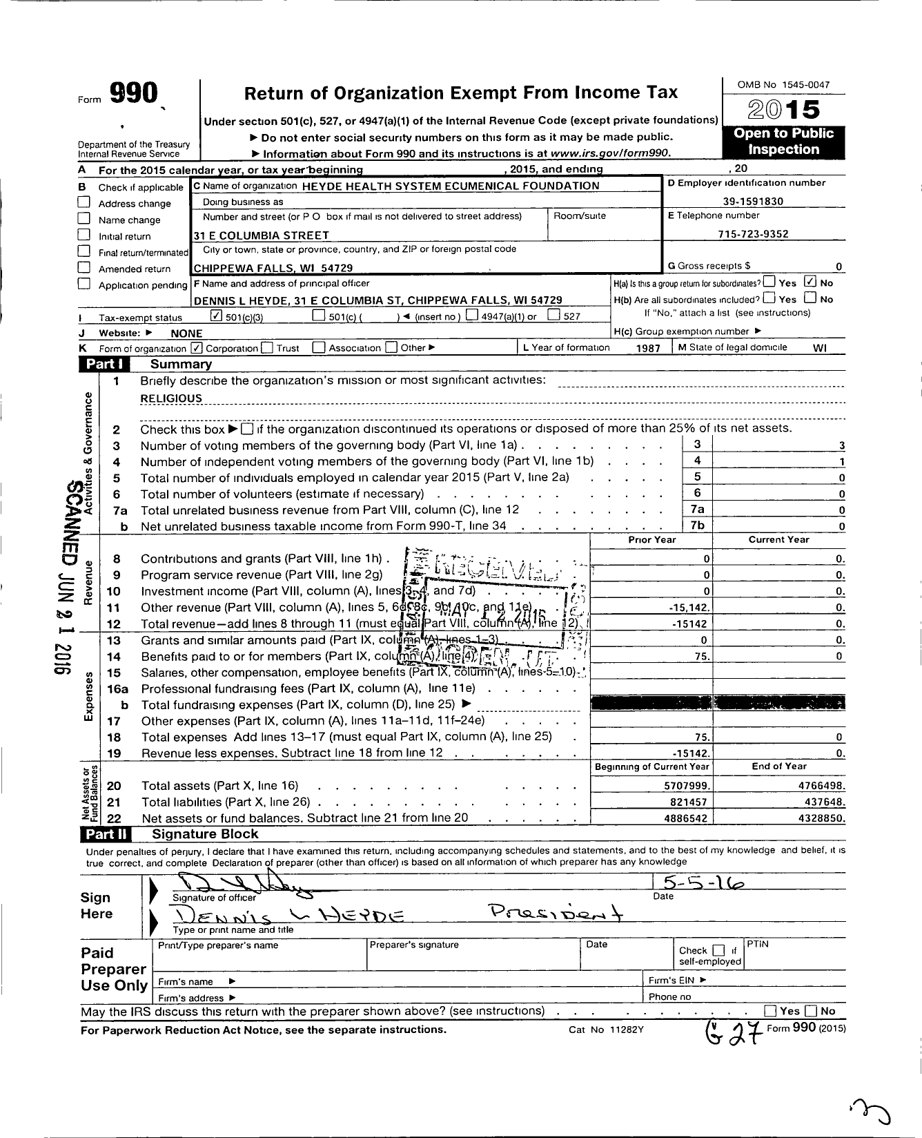 Image of first page of 2015 Form 990 for Heyde Health System Ecumenical Foundation