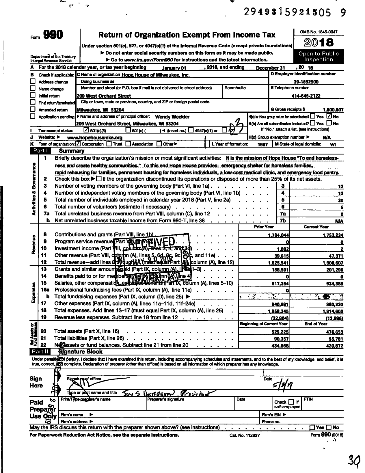 Image of first page of 2018 Form 990 for Hope House of Milwaukee Incorporated