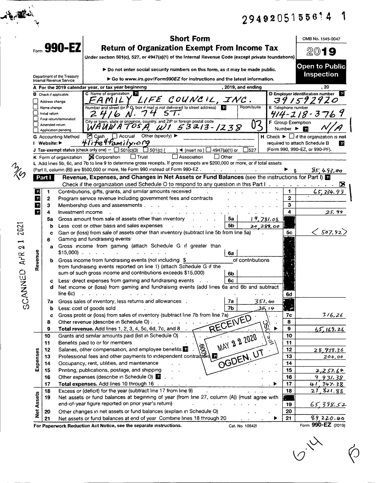 Image of first page of 2019 Form 990EZ for Family Life Council