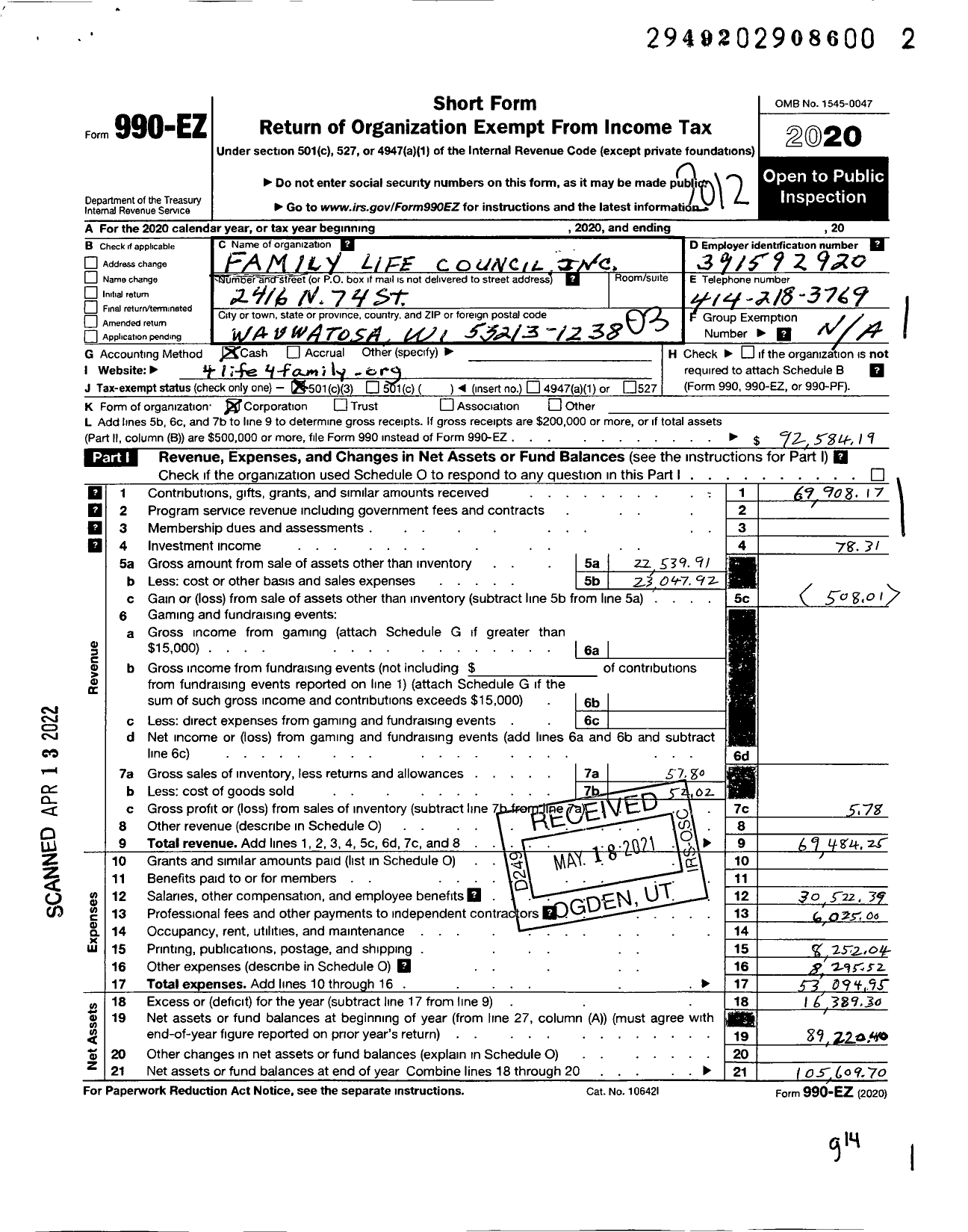 Image of first page of 2020 Form 990EZ for Family Life Council