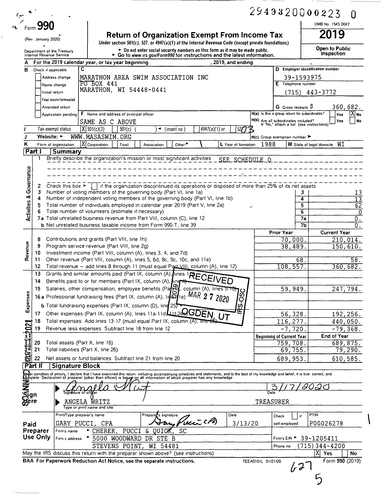 Image of first page of 2019 Form 990 for Marathon Area Swim Association