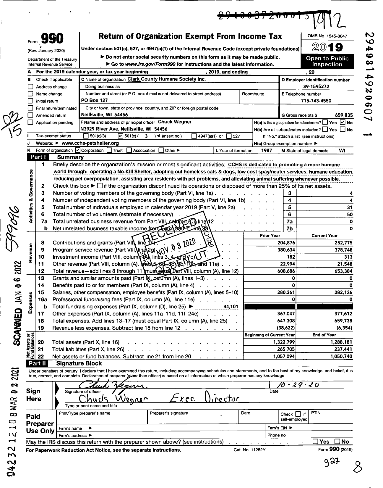 Image of first page of 2019 Form 990 for Clark County Humane Society (CCHS)