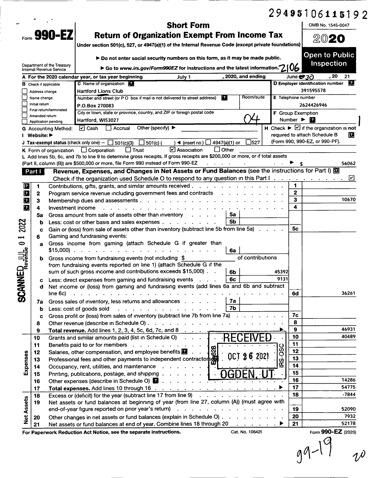 Image of first page of 2020 Form 990EO for Lions Clubs - 10378 Hartford