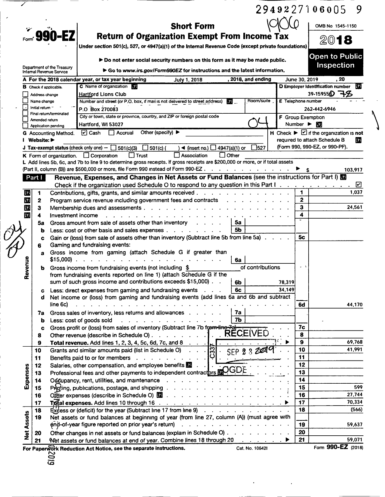 Image of first page of 2018 Form 990EO for Lions Clubs - 10378 Hartford