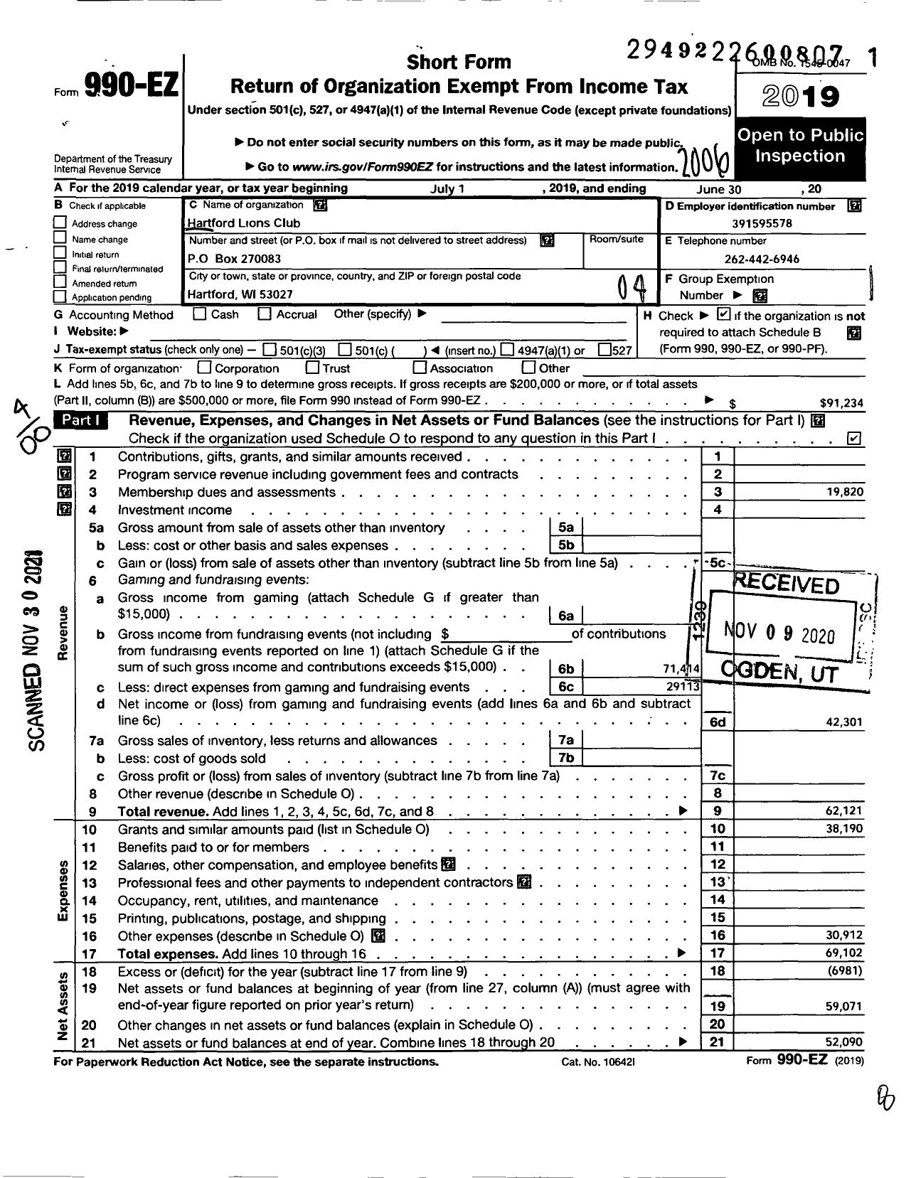 Image of first page of 2019 Form 990EO for Lions Clubs - 10378 Hartford