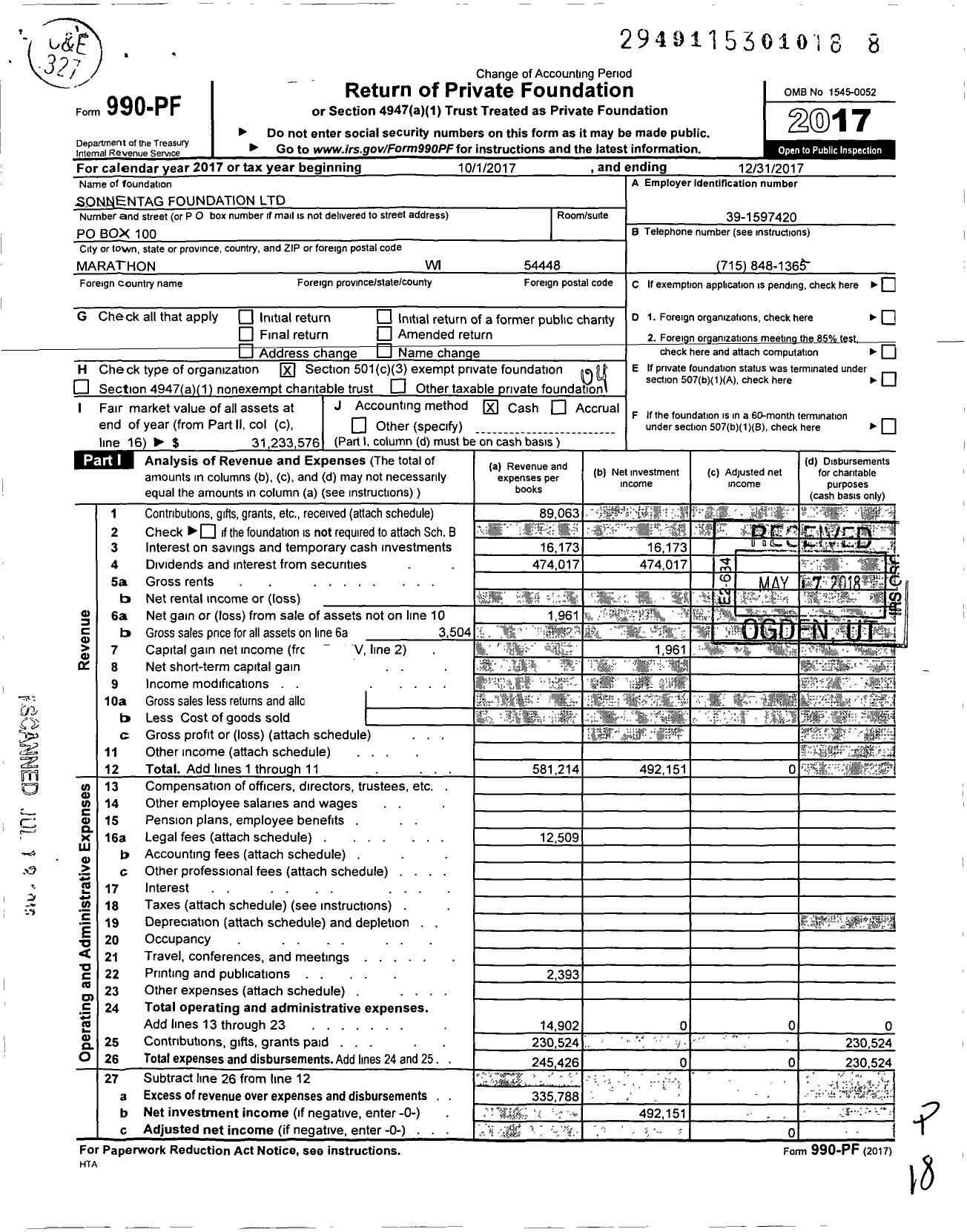 Image of first page of 2017 Form 990PF for Sonnentag Foundation