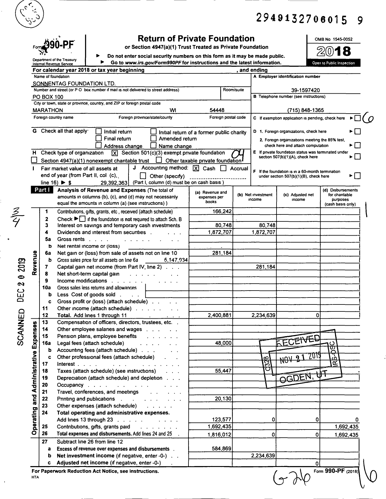 Image of first page of 2018 Form 990PF for Sonnentag Foundation