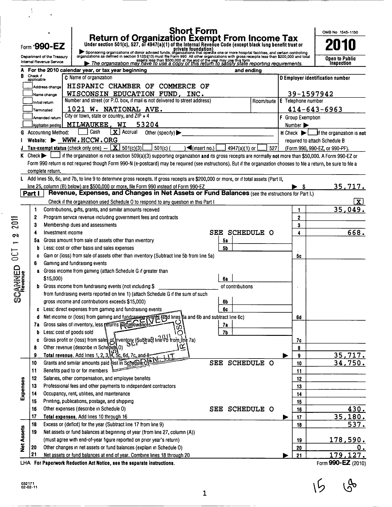 Image of first page of 2010 Form 990EZ for Hispanic Chamber of Commerce of Wisconsin Education Fund