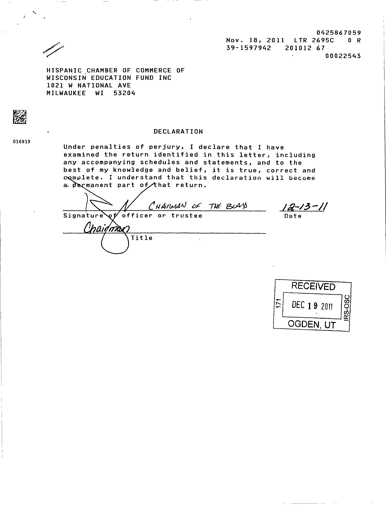 Image of first page of 2010 Form 990ER for Hispanic Chamber of Commerce of Wisconsin Education Fund