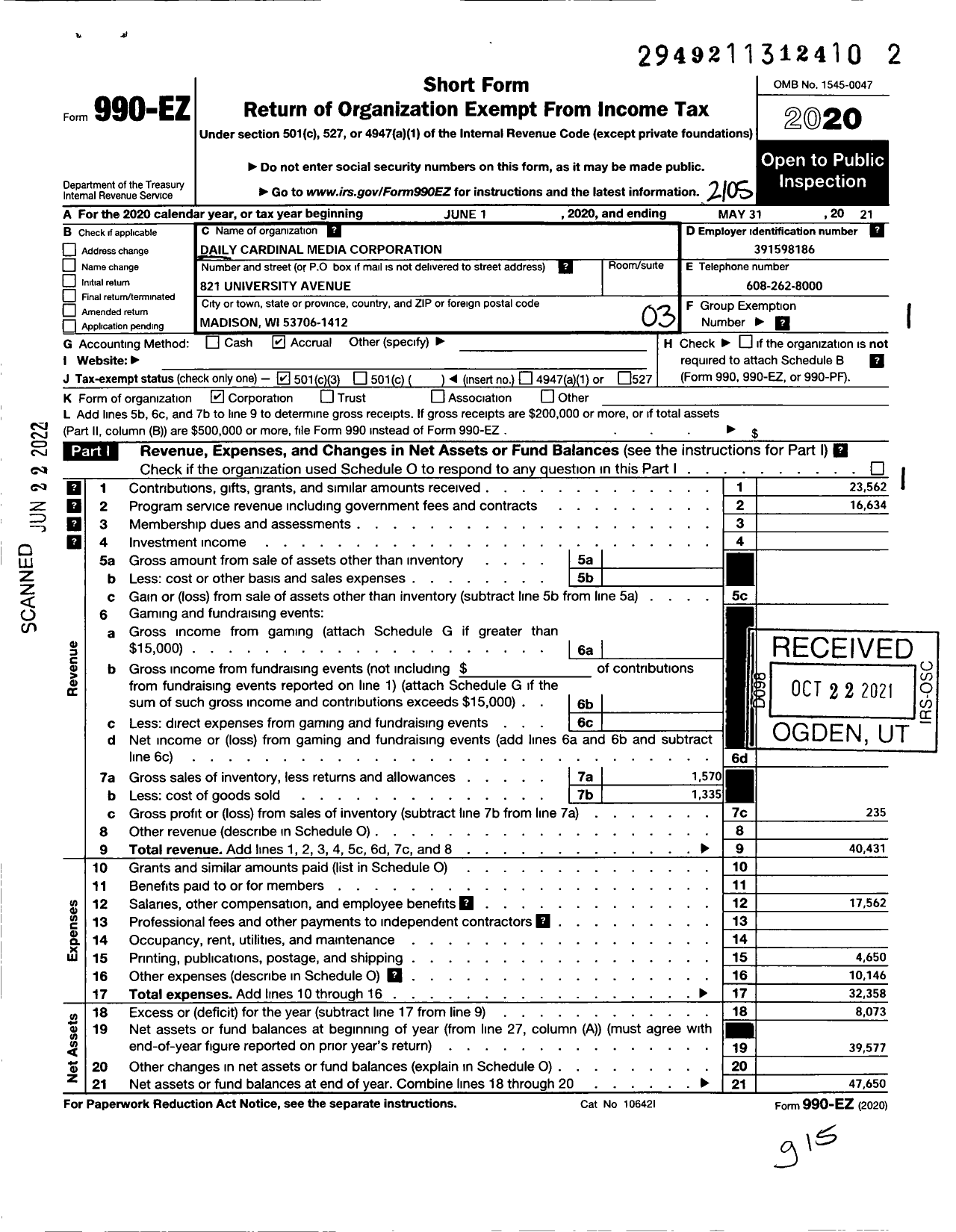 Image of first page of 2020 Form 990EZ for Daily Cardinal Media Corporation